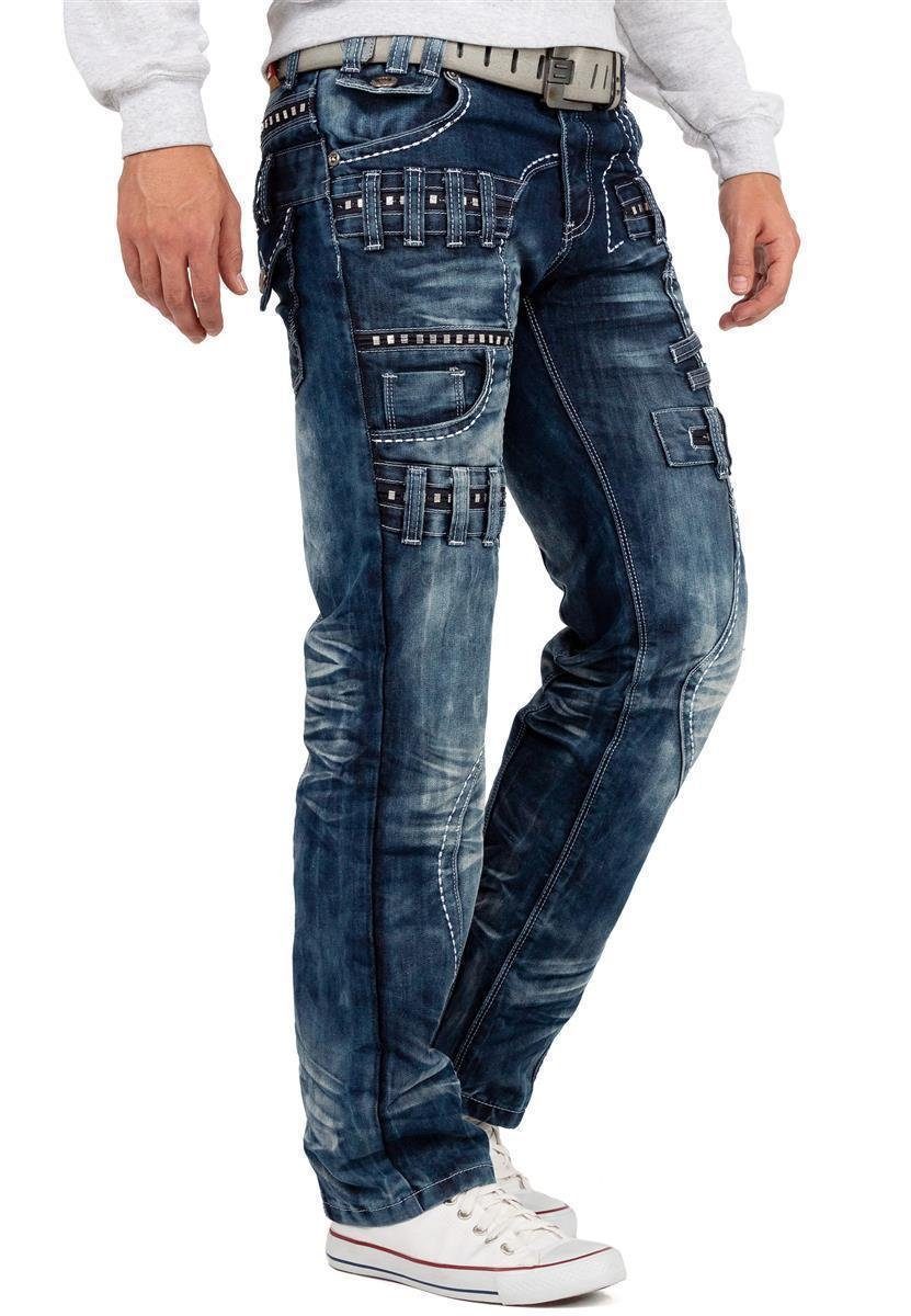 Kosmo Lupo 5-Pocket-Jeans Herren Regular Fit Hose Stonewashed KM8002 (1-tlg) mit stilvollen Nieten am Oberschenkel