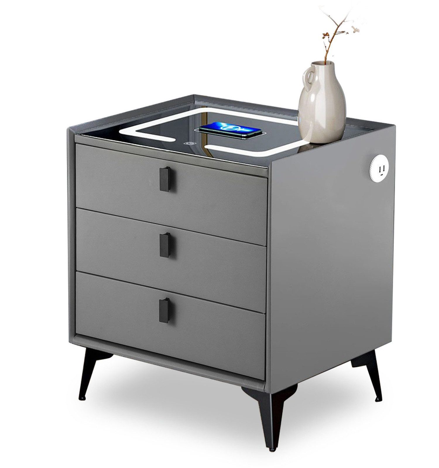 oyajia Nachttisch Nachttisch mit LED-Beleuchtung, mit 15W Kabelloses Laden,Beistelltisch (Schlafzimmer Nachttisch), Touch-Sensor-Licht, Modern Hochglanz Nachtschrank mit 3 Schubladen