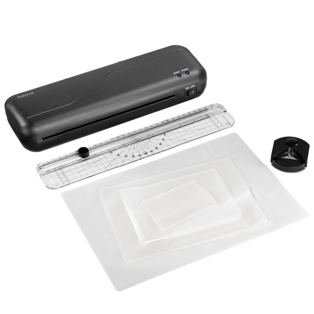 Hama Laminiergerät Laminator 4in1-Set für DIN A4, 2 Rollen, Tischgerät, schwarz, Mit Laminierfolien, Schneidlineal, Eckenrunder und Entriegelungstaste – Bild 4 von 5
