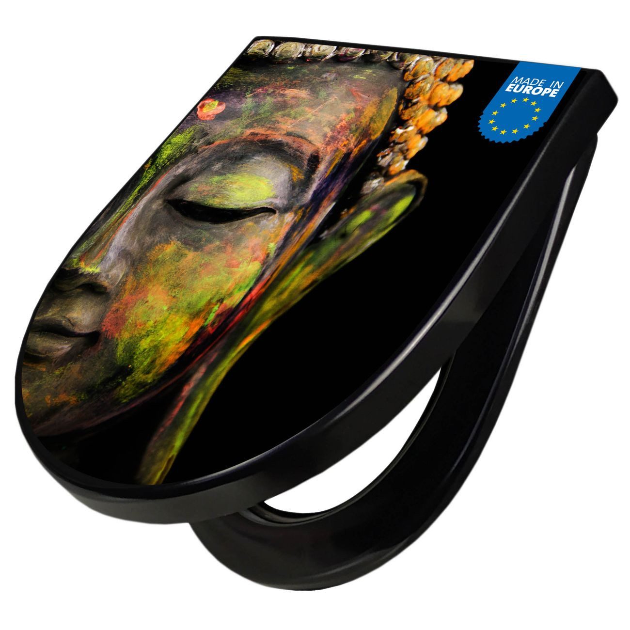 banjado WC-Sitz Premium D-Form mit Absenkautomatik Motiv Bunter Buddha (umweltfreundliches Material, Softclose Absenkautomatik), 45 x 36,4 x 4