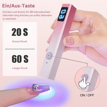 Jioson Lichthärtungsgerät Nagelkunstlampe Tragbare Handheld-Nagellampe Mini UV Nageltrockner USB, 400 mAh, Digitalanzeige, mit 4 Stück Lichtperlen, 2-Gang-Timing, 180 Minuten ultra-lange Lebensdauer