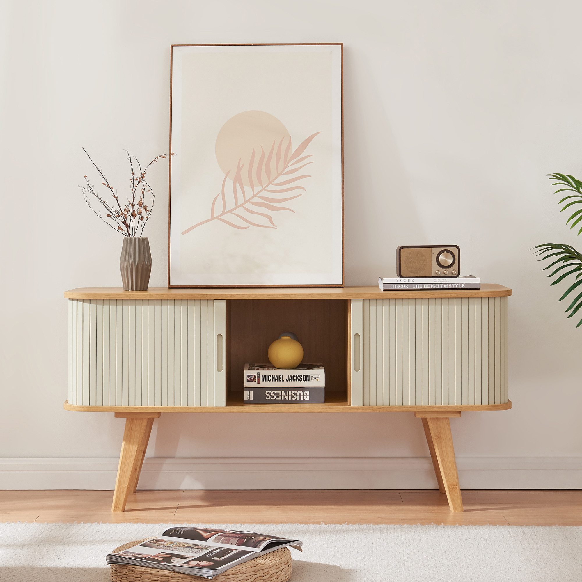 en.casa TV-Schrank »Tysvær« mit 2 Schiebetüren 120 x 40 x 58 cm Bambus/Cremeweiß