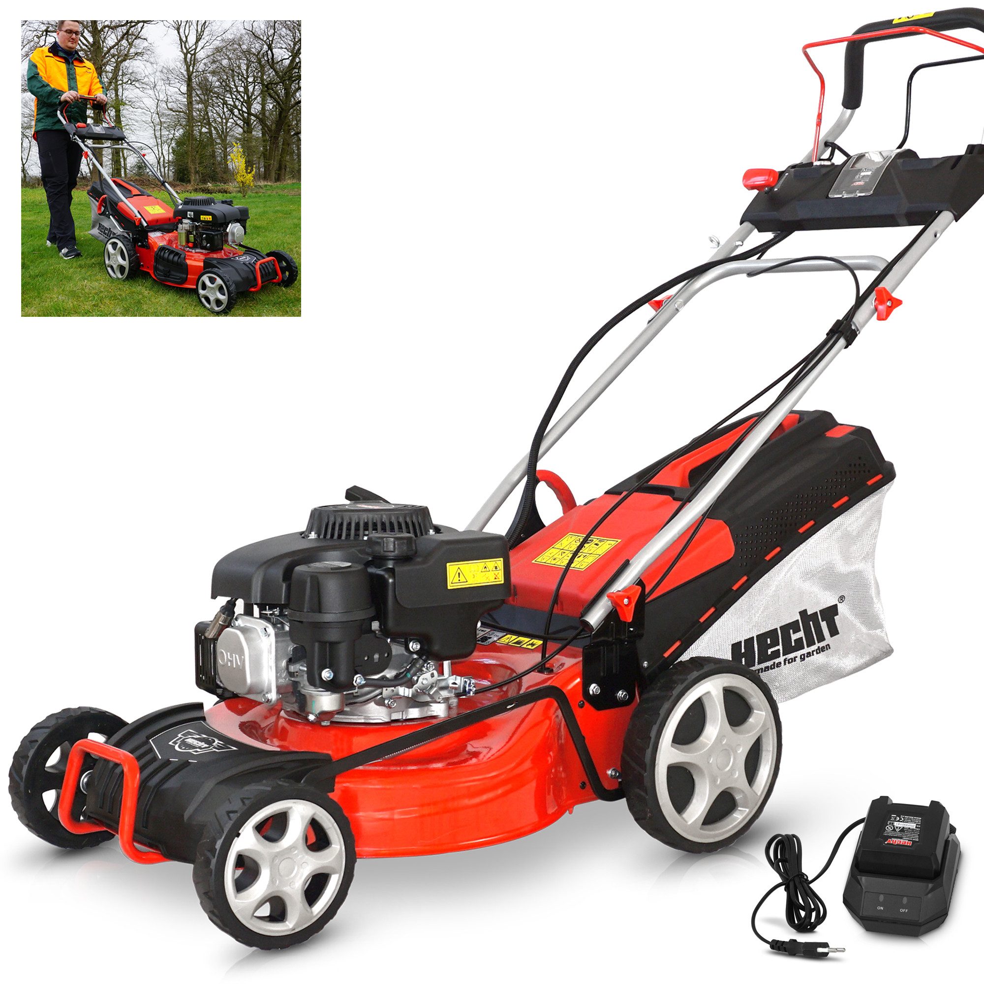 Hecht Benzinrasenmäher 547 SWE 5in1 mit Elektrostart Radantrieb Mulchkit, 46 cm Schnittbreite, 55L Fangkorb, 3,7 PS, 150 cm³, 25-75 mm