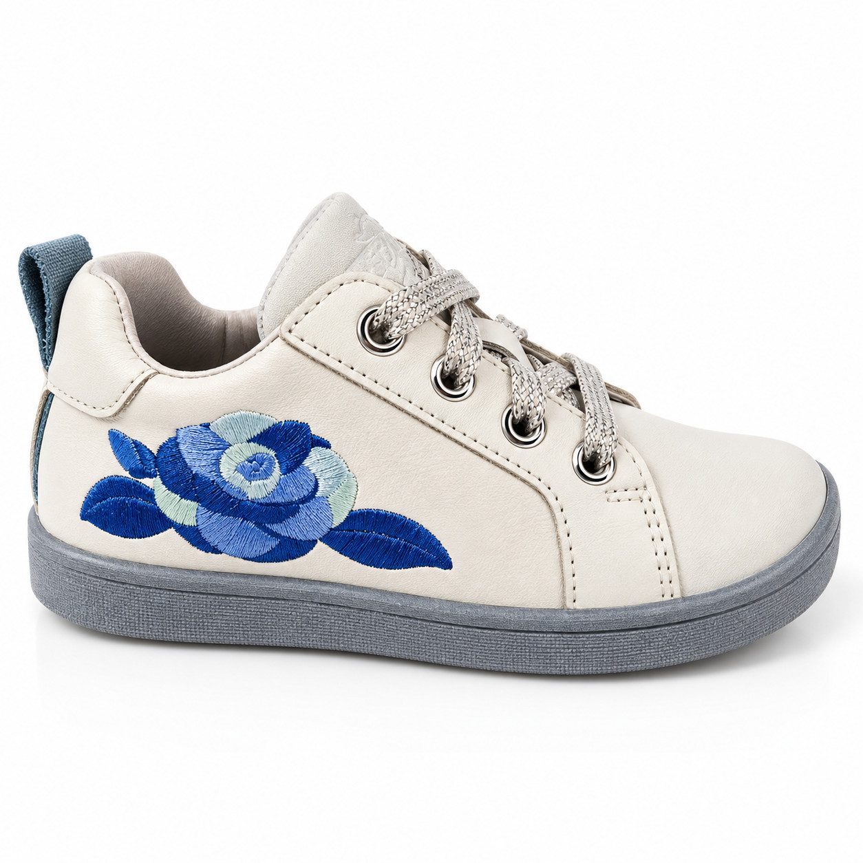 Braqeez Maddy Maan Mädchen Sneaker Lederschuh White/Cobalt mit Blumenstickerei Schnürschuh aus echtem Leder