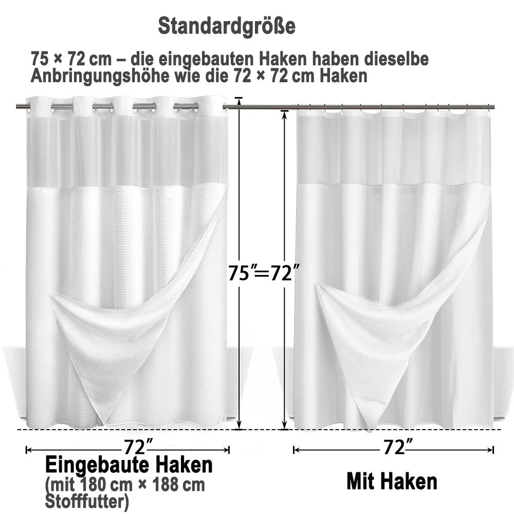 Agger Duschvorhang Duschvorhang-Set ohne Haken, Waffel-Duschvorhang mit Futter, 180x188cm,pflegeleicht waschbar für Dusche Badewanne Gäste-WC usw