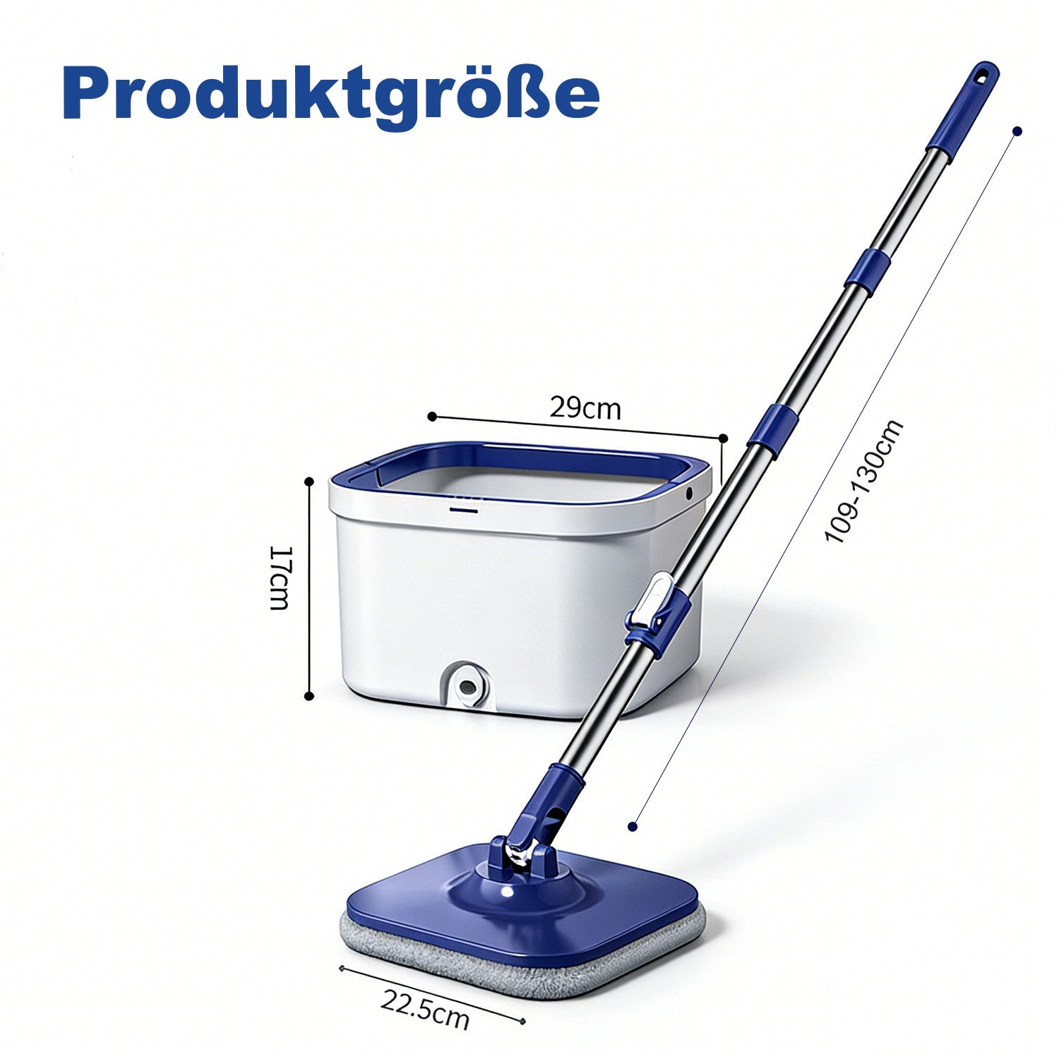 HEYHIPPO Wischmopp-Set Rotationsmopp-Set mit 2-Kammer-Eimer &6 Mikrofaserpads,Stiel 109–130cm, (Spin Mop Set mit Eimer, Faltbarer Quadrat-Mopp, handfrei, für schwer erreichbare Ecken), Spin-Mopp mit Schmutz- & Klarwassertrennung – inkl. Teleskopstiel