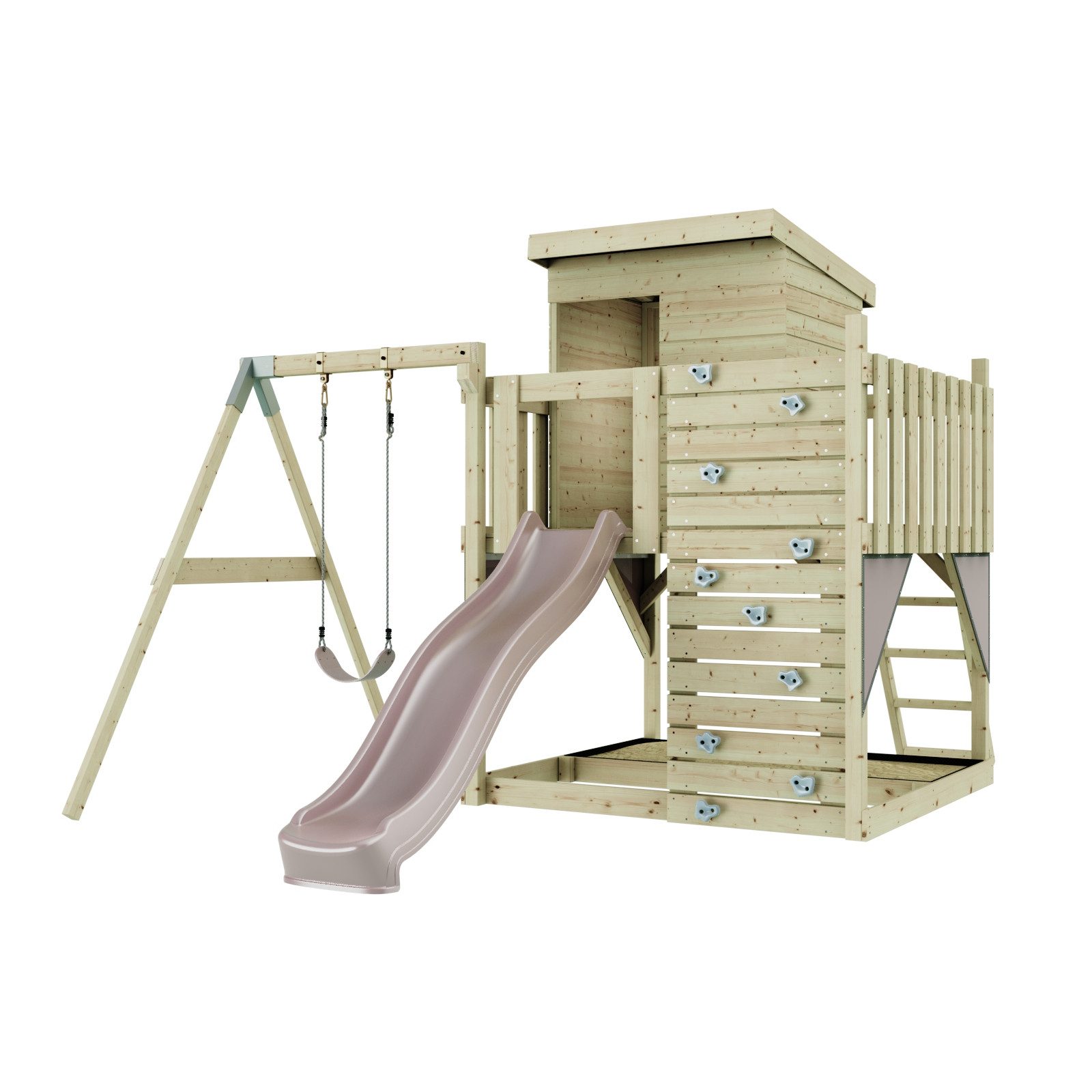 OutdoorToys Spielturm Alma aus Holz in Altrosa mit Kinderschaukel & Rutsche, Kletterwand, aus Holz in Altrosa mit Kinderschaukel & Rutsche, Kletterwand