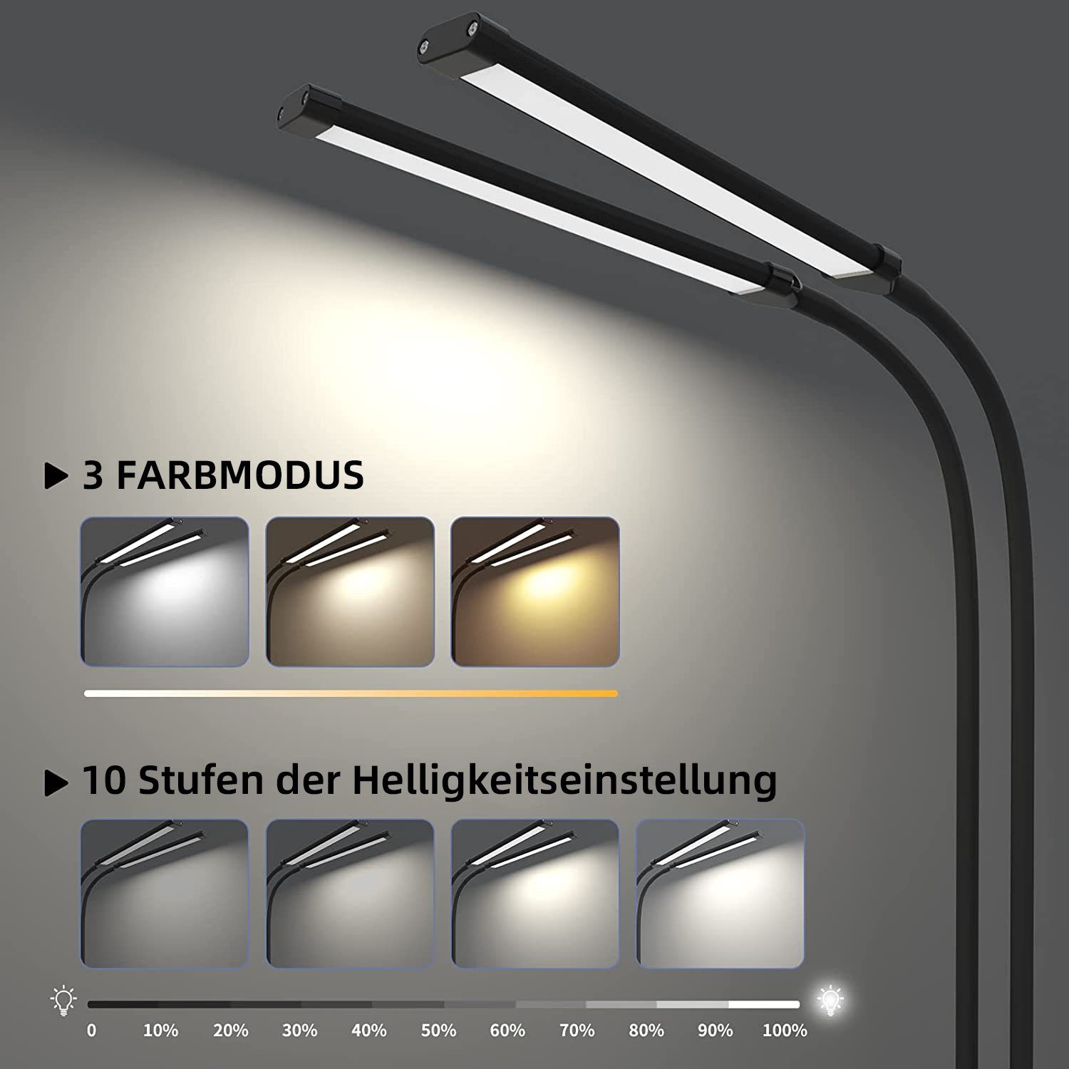 Rosnek LED Tischleuchte Zwei Köpfe, 3 Farben, dimmbar, für Zuhause Büro Schreibtisch Lesen, 3000K Warmweiß, 4500K Naturweiß, 6500K Kaltweiß, flexibler Schwanenhals
