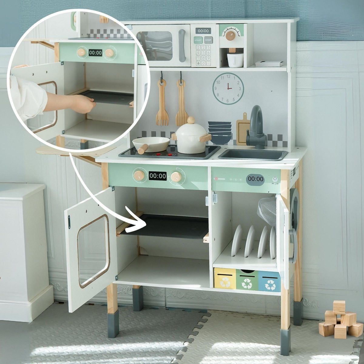 Mamabrum Kinder-Küchenset Kinderküche mit Waschmaschine, Spülmaschine & Tafel – höhenverstellbar