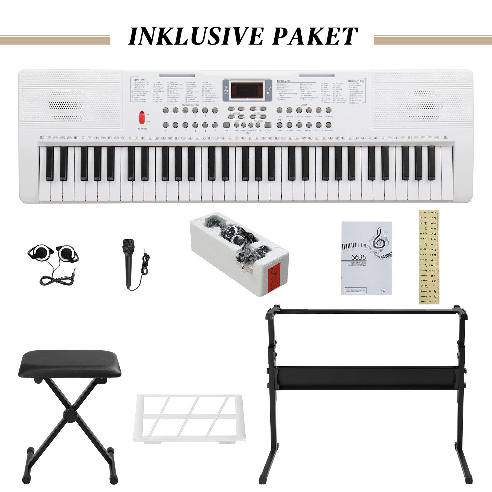 LALAHO Klavier 61 Tasten E Keyboard,Digitalpiano Set, Elektronisches Klavier,Keyboardständer, Keyboardbank und Mikrofon