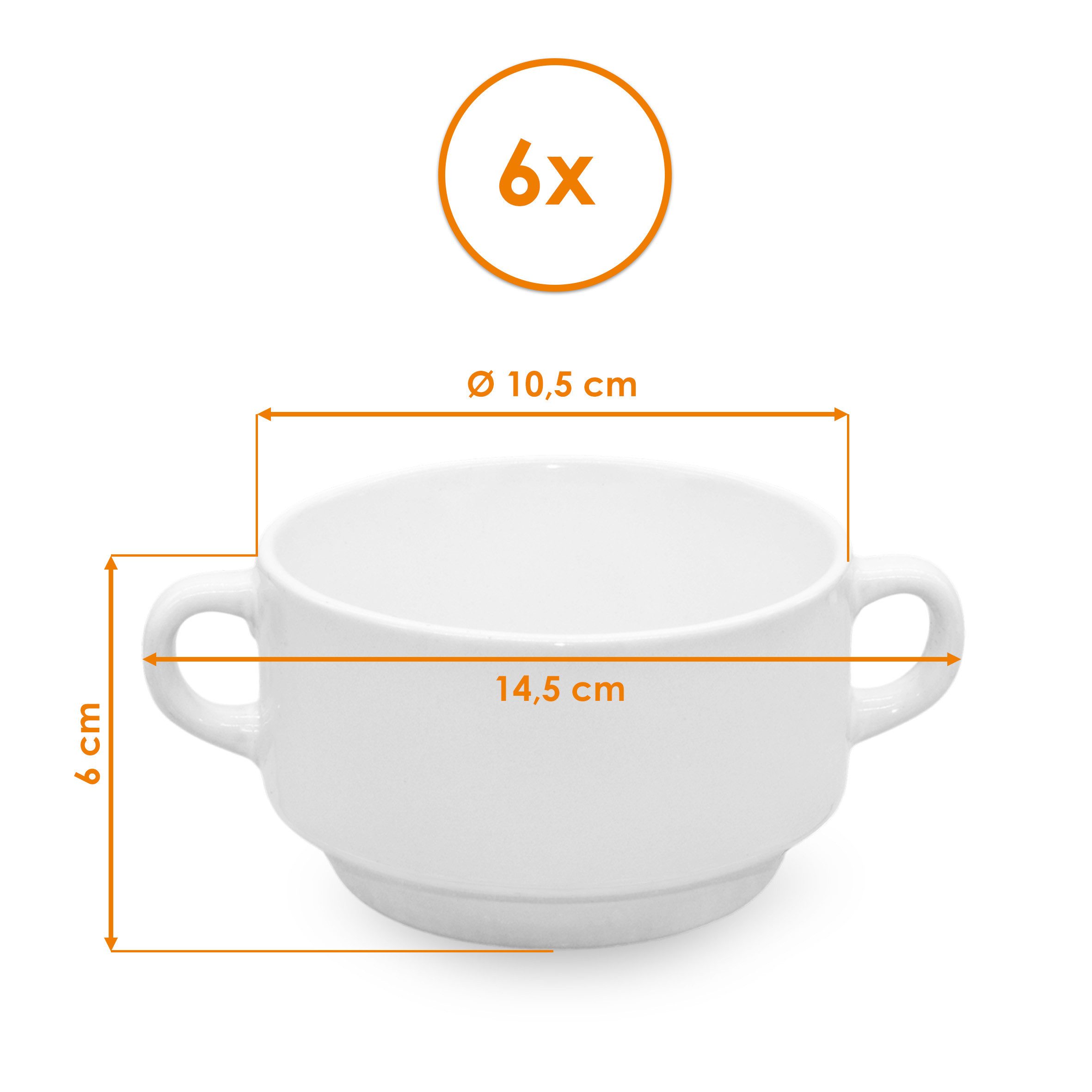 Spetebo Geschirr-Set Feinkeramik Suppentasse 200 ml weiß mit Henkel - 6er Set (1-tlg), 6 Personen, Feinkeramik, Lebensmittelecht und Spülmaschinenfest