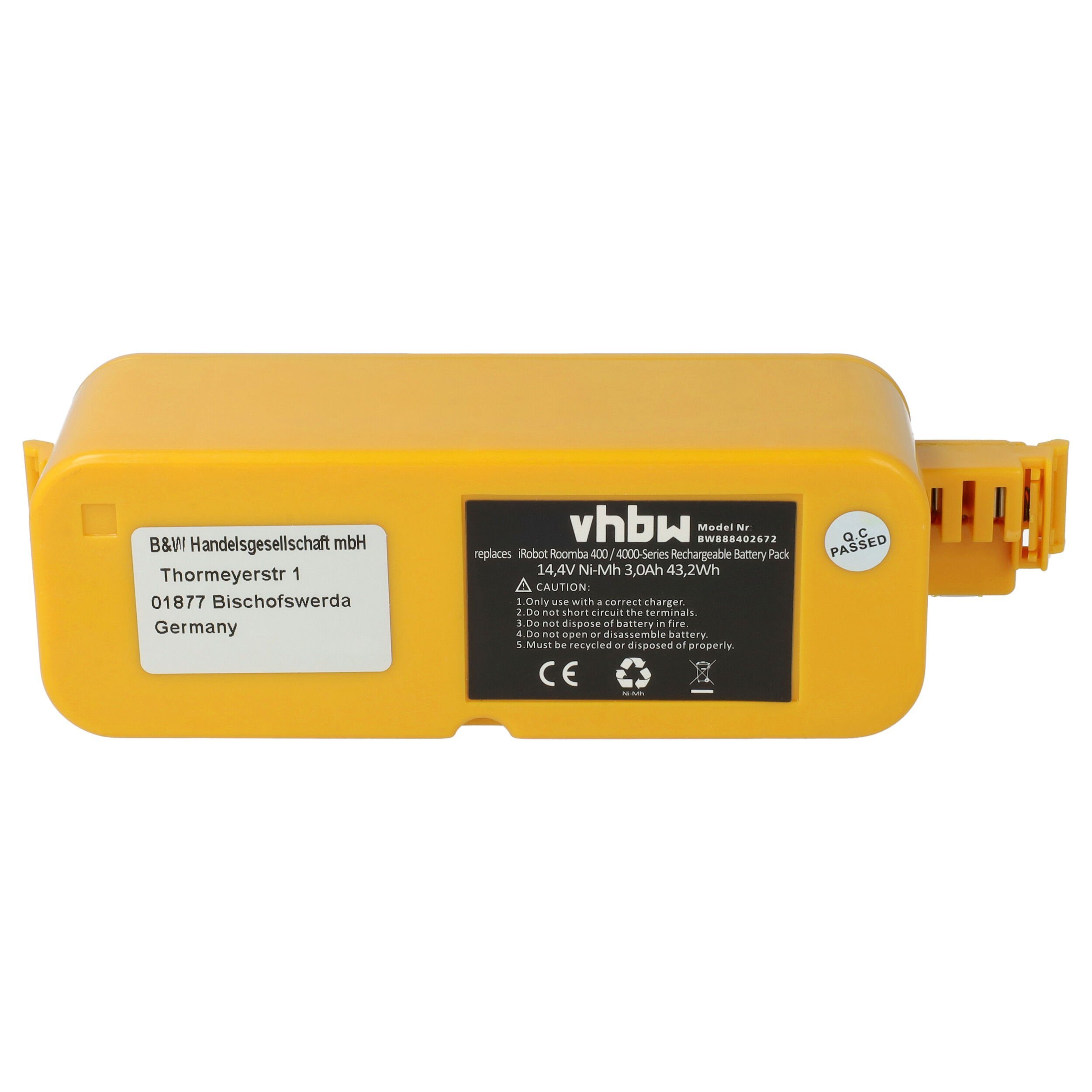 vhbw kompatibel mit iRobot Roomba Sage 4110, Scheduler 4225, Red 4100 Staubsauger-Akku NiMH 3000 mAh (14,4 V)