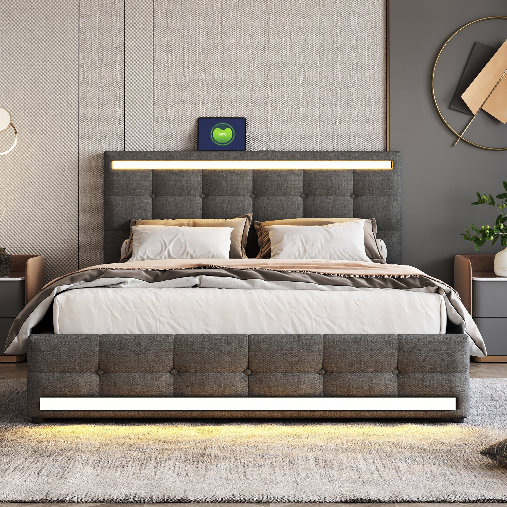 Polsterbett (Hydraulisches Bett mit Bettkasten, Lattenrost und 2 USB-Anschluss), Stauraumbett Funktionsbett 140x200 cm mit LED Beleuchtung, Leinen