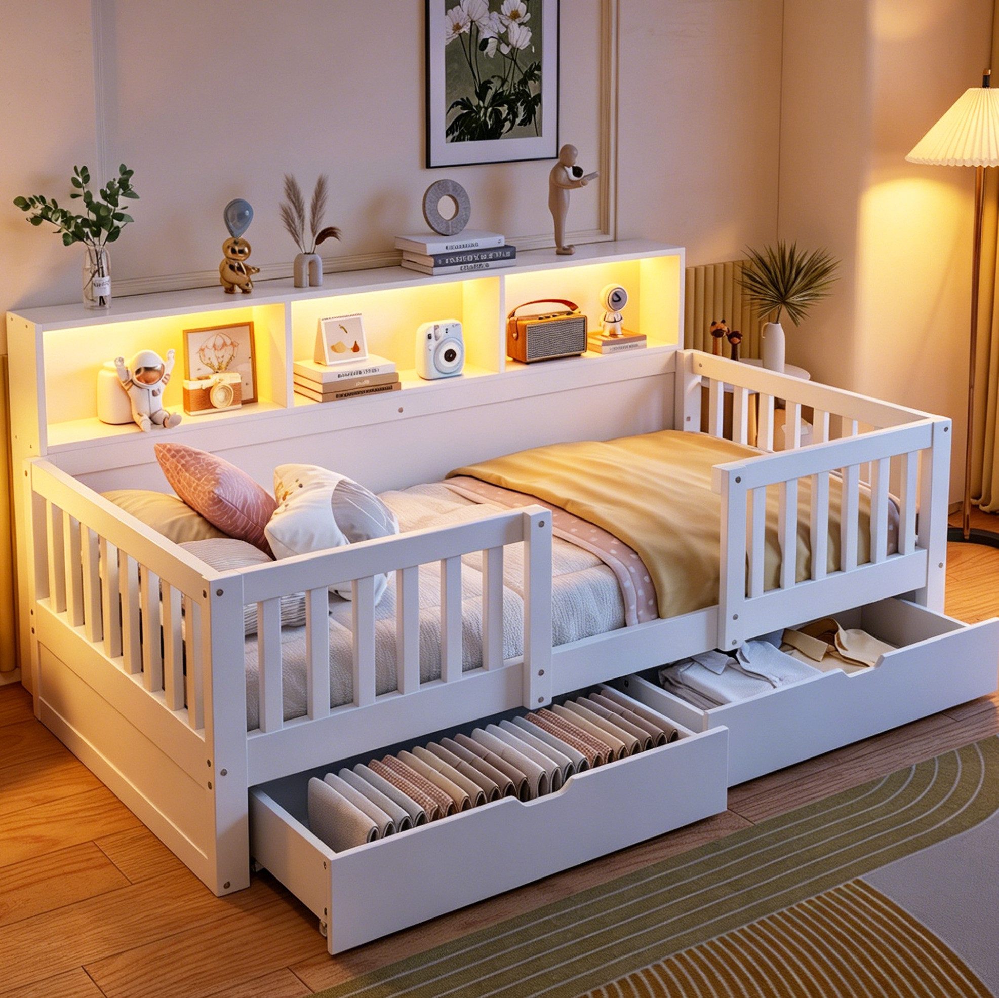 REDOM Kinderbett Einzelbett mit erhöhtem Schutzgitter, LED-Licht, Holzbett 90x200 cm (mit Stauraumschubladen und Ablageflächen), Stauraumbett, ohne Matratze