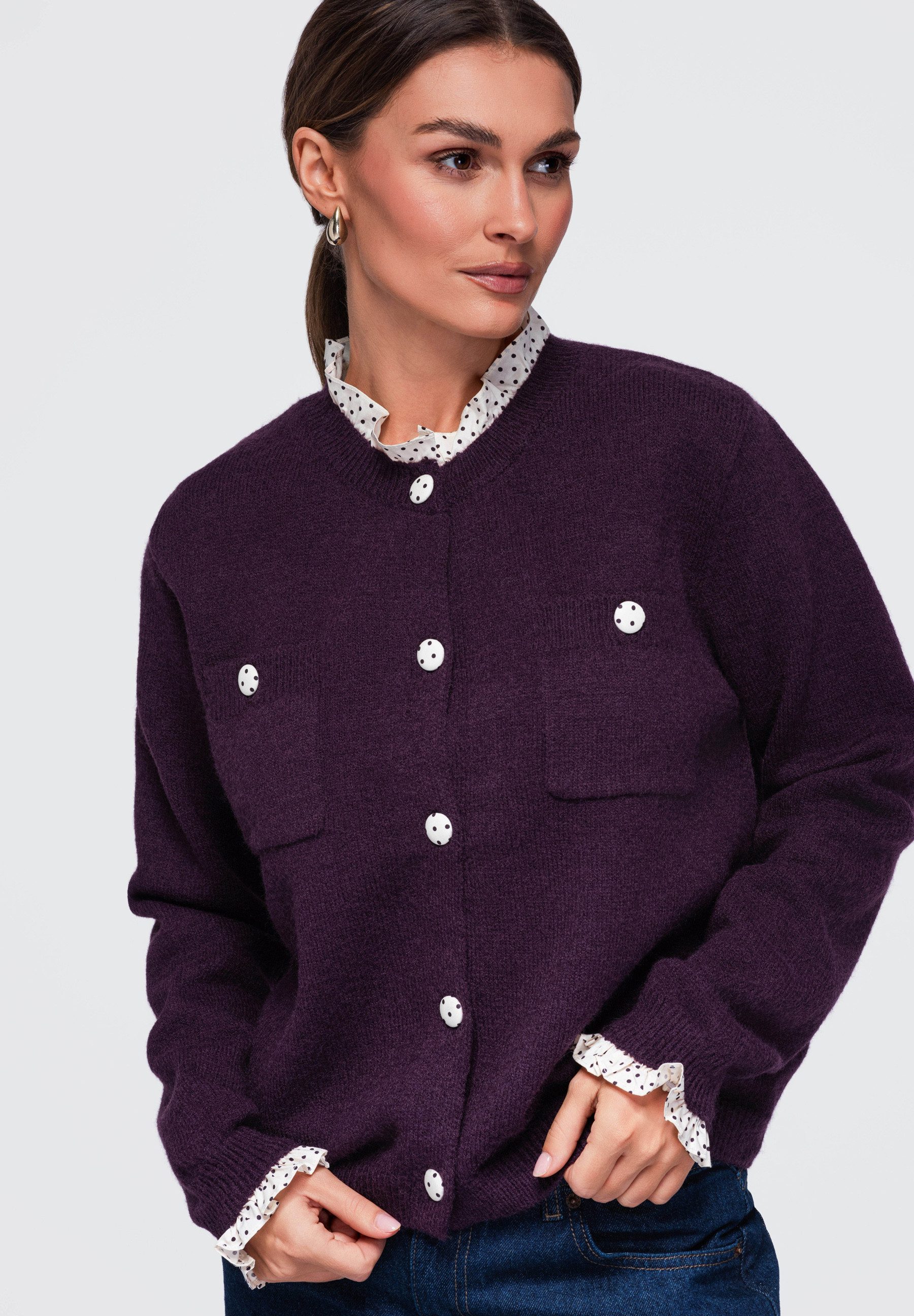 OMBRE Cardigan Damen Strickpullover mit V-Ausschnitt und Taschen Violett ONESIZE (kein Set, 1-tlg) in Unifarbe