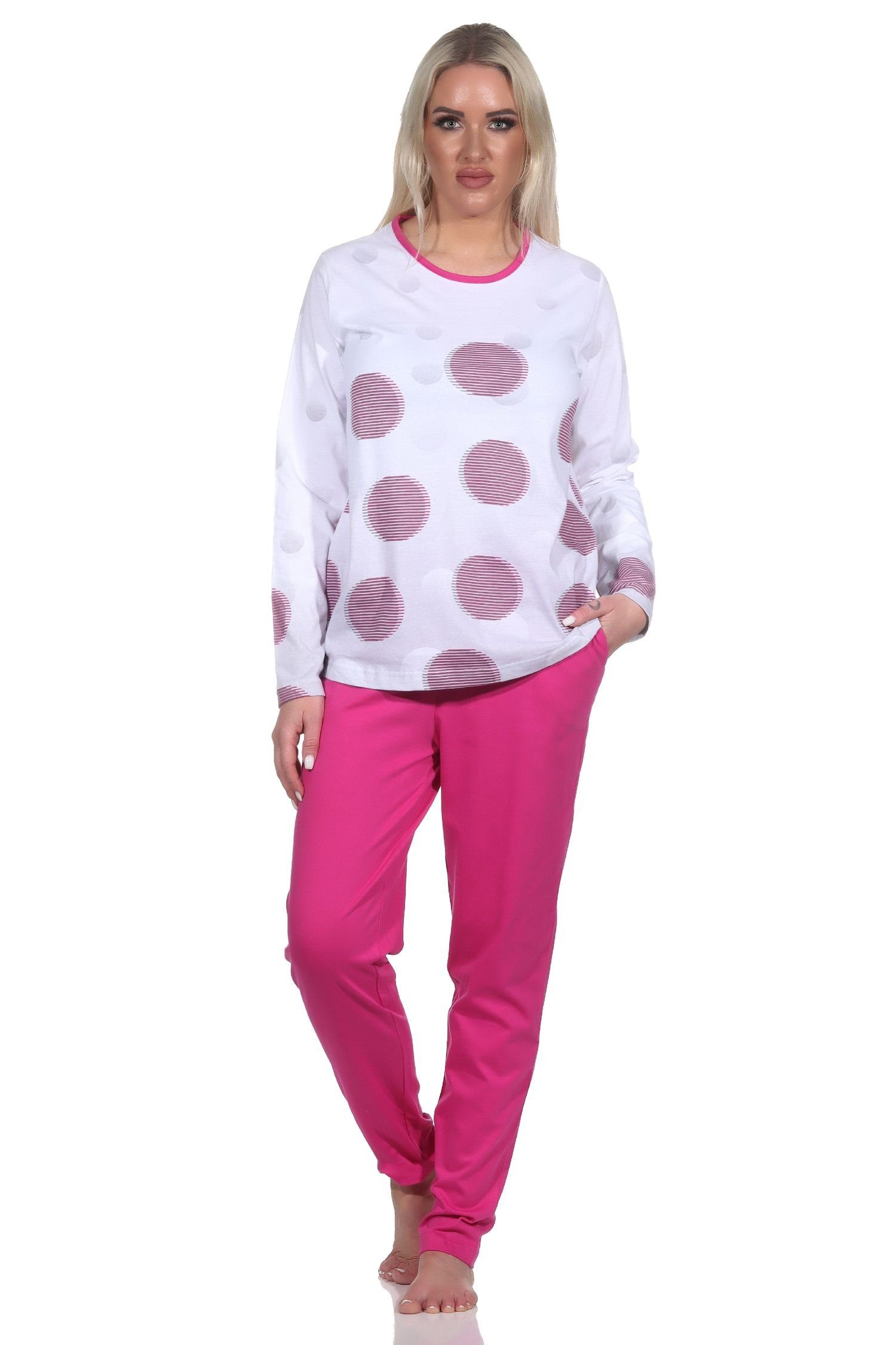 Normann Pyjama Damen langarm Schlafanzug in Tupfen-Punkte Optik - auch in Übergrösse pink