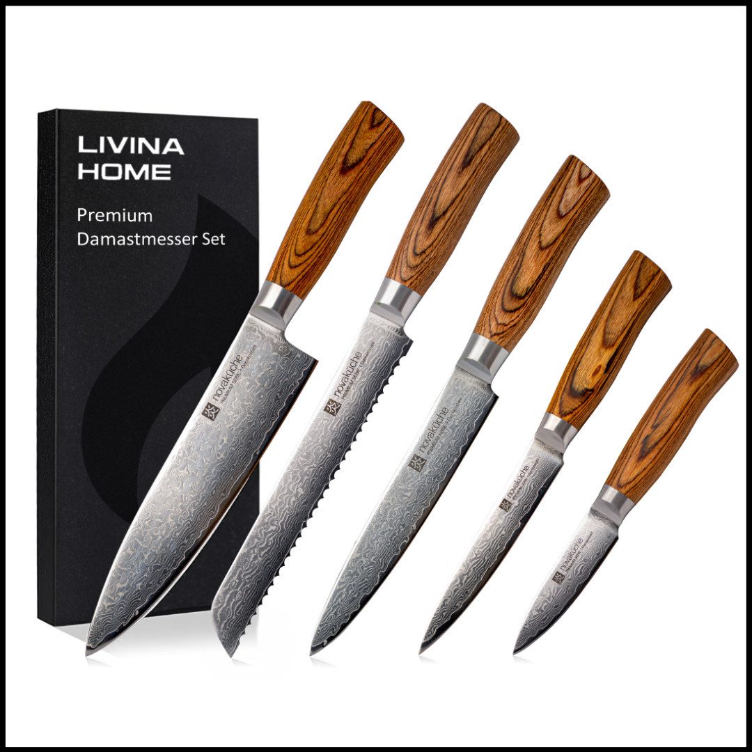 LIVINA HOME Messer-Set Set Kochmesser, 67-Damaststahl Messerset - 6-tlg. Küchenmesser Set (5-tlg., wahlweise als 5er oder 6er-Set erhältlich), Damastmesser Japanischer Art, Geschenkbox, Oster Deal Sale!