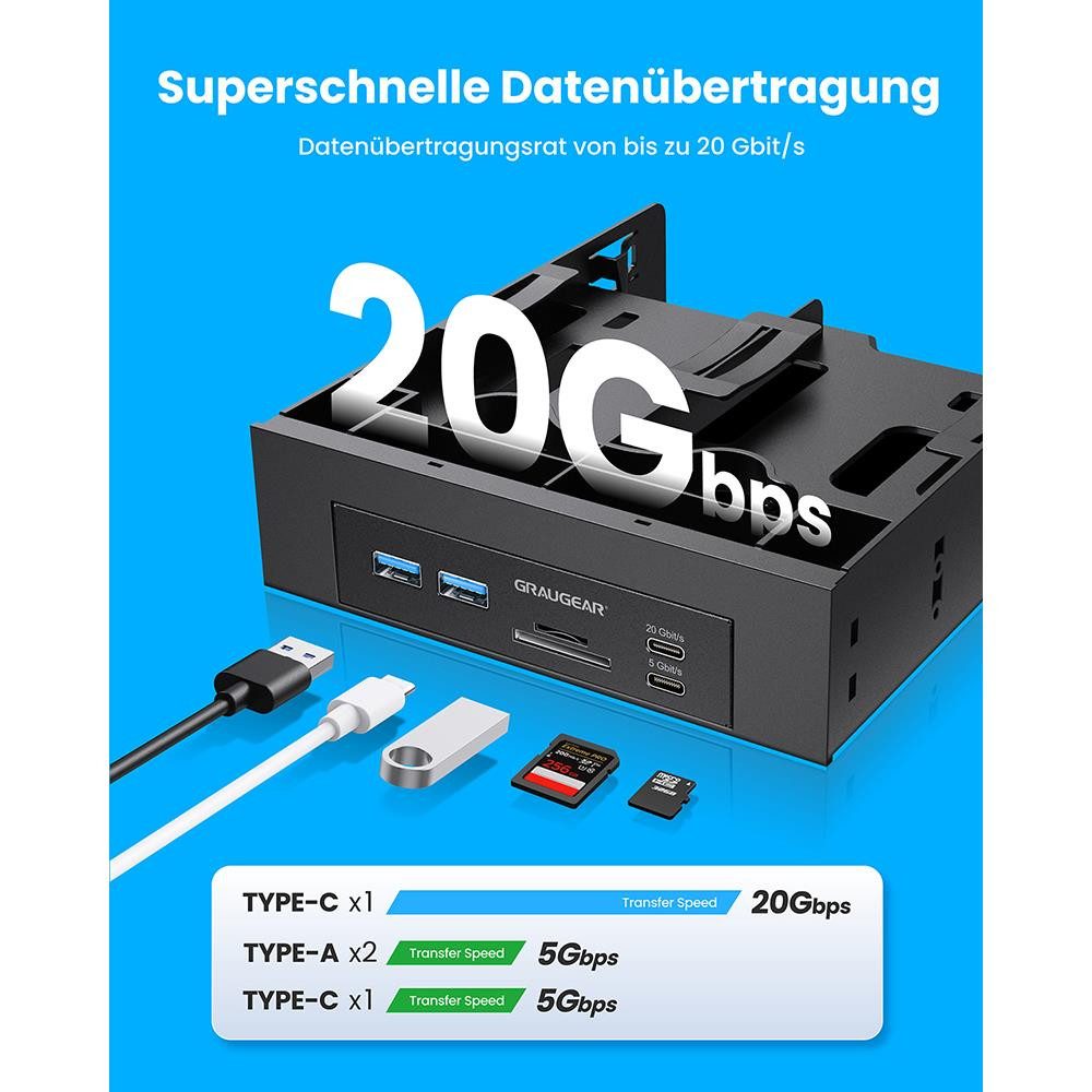 GRAUGEAR Einbaurahmen 5,25“ Frontpanel, USB-C HUB, Kartenleser, 2,5" SATA SSD Einbaurahmen