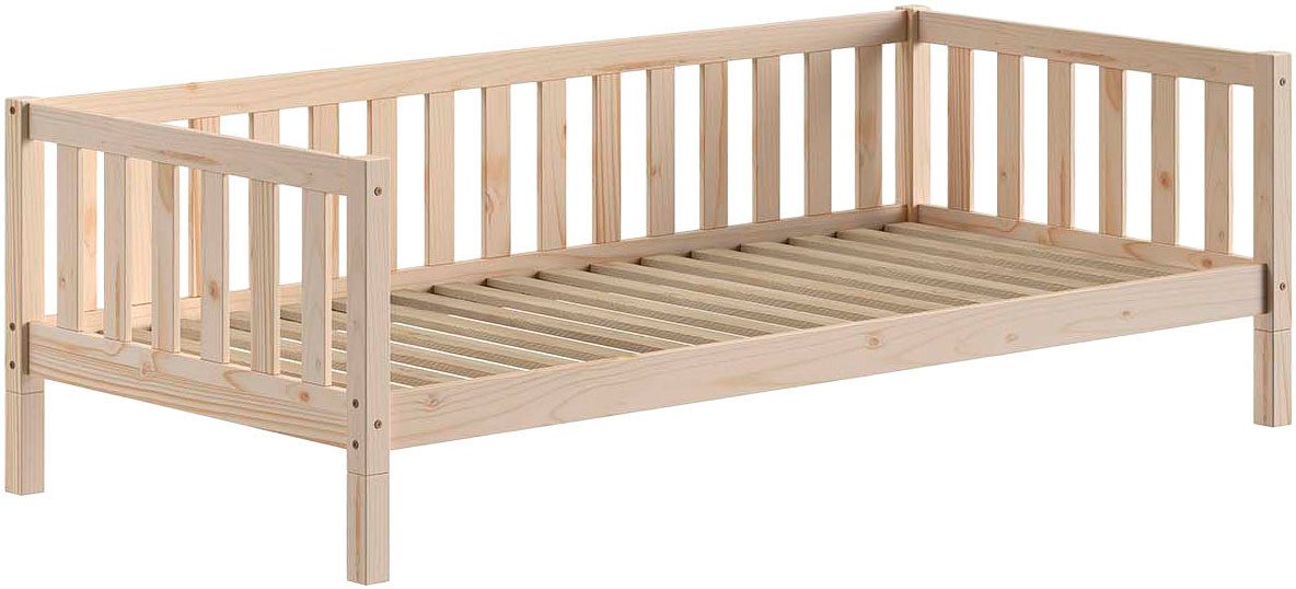 Vipack Kinderbett Dallas, Massivholzbett, umbaubar vom Boden- zum Daybett (inkl. Rolllattenrost und Sprossenumrandung, 90 oder 140x200 cm breit), stabil und standfest gebaut, wahlweise Kiefer massiv natur oder weiß