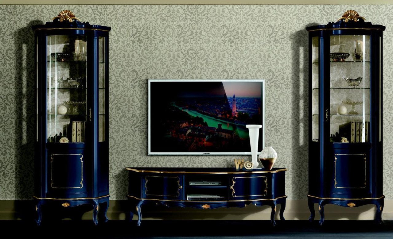 Xlmoebel Vitrine Italienisches Barockmöbel-Set in Blau mit eleganten Vitrinen (3tlg Set (RTV+2x Vitrine) Hergestellt in Europa