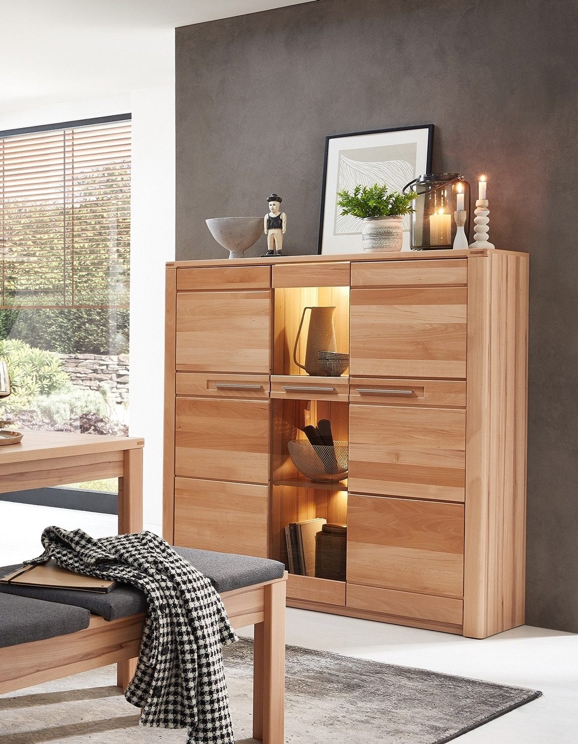 Innostyle Highboard NATURE ONE, Kernbuche teilmassiv, 2 Holztüren, 1 Glastür, Soft-Close, LED-Beleuchtung, B 127 x H 137 x T 40 cm