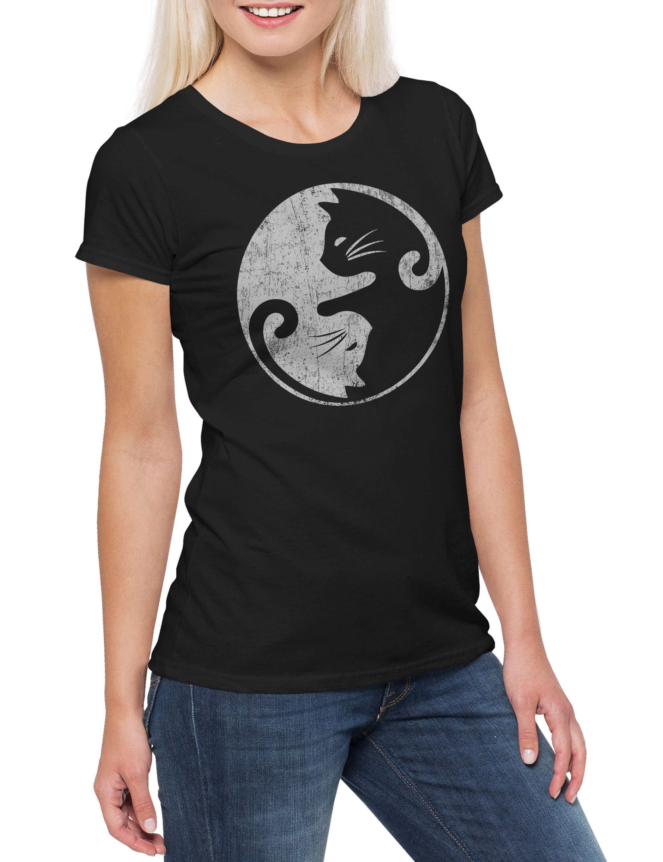 Print-Shirt Cats Yin & Yang Damen T-Shirt Cat Katze Katzen Circle Kreis Lover Sign