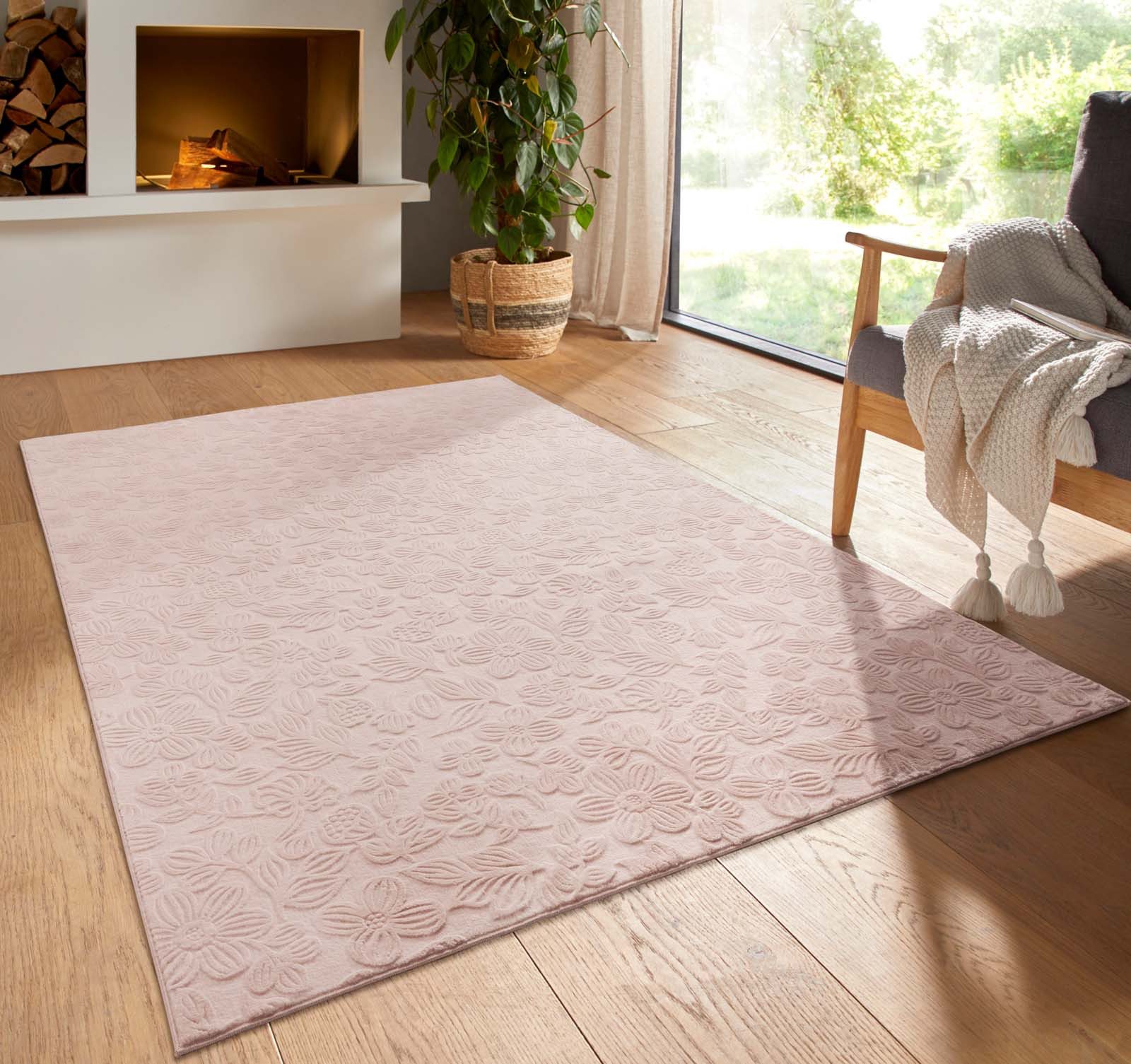 TaraCarpet Teppich TaraCarpet Homestyle 375 Flora, rund, Höhe: 10 mm, Blätteroptik hoch-tief weich waschbar rosa 80x80 rund