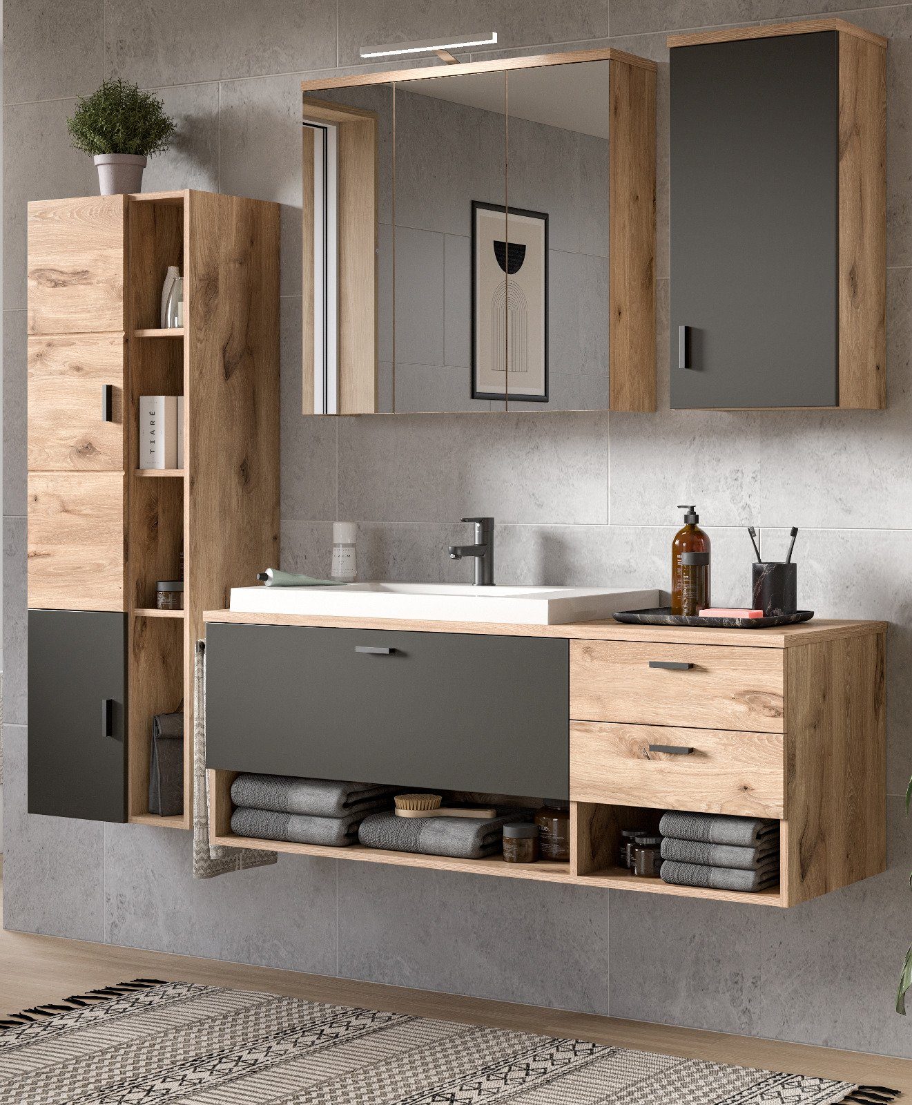 Inn.Furn Badezimmer-Set Oderzo, (in Nox Eiche und grau, Komplett-Set 5-teilig), Soft-Close-Funktion, inklusive Waschbecken