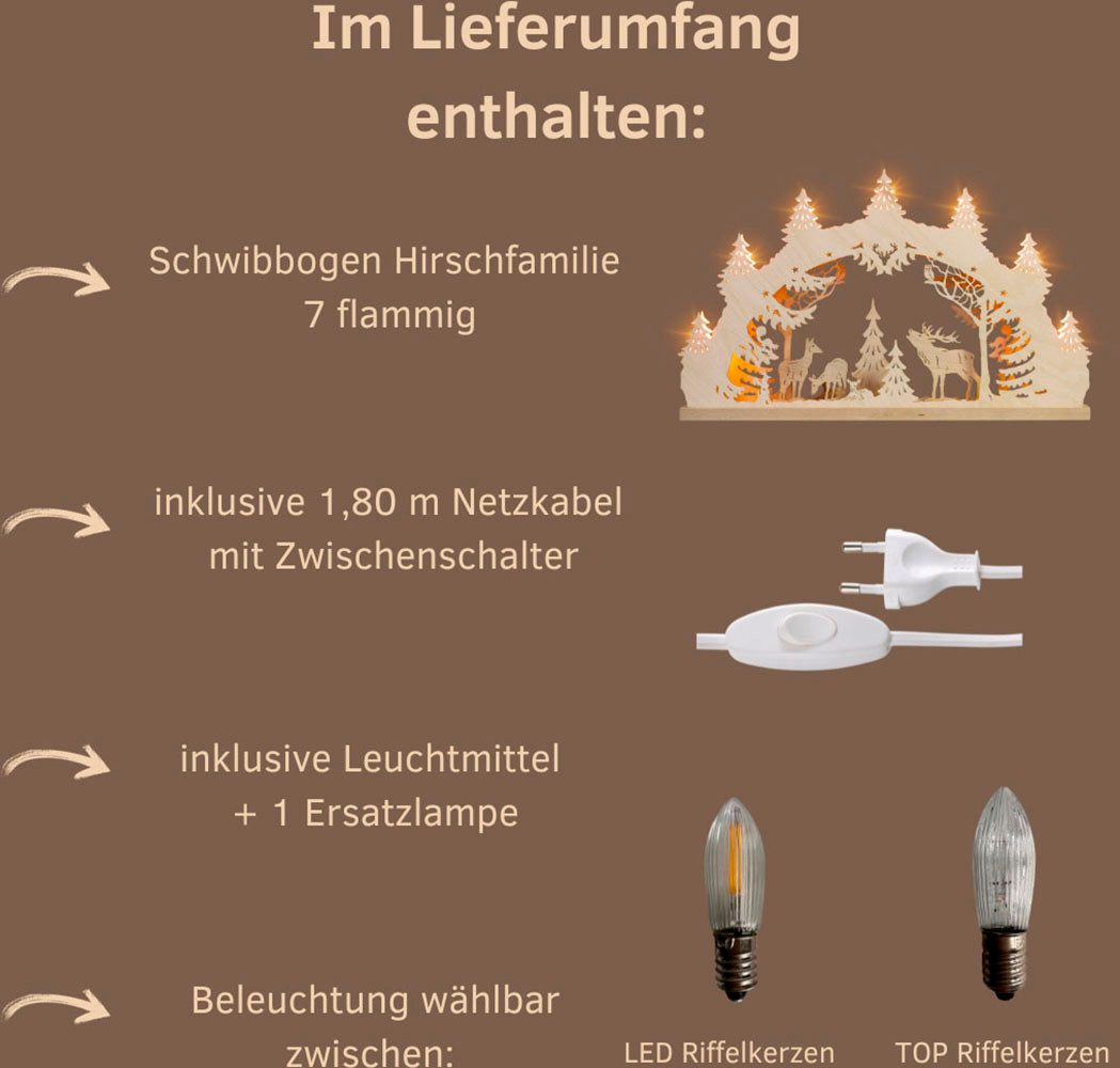 Weigla LED Schwibbogen Hirschfamilie, Lichterbogen aus Holz, NATUR, Made in Germany (1-tlg), Erzgebirge garantiert, Weihnachtsdeko Innen, Weihnachtsbeleuchtung