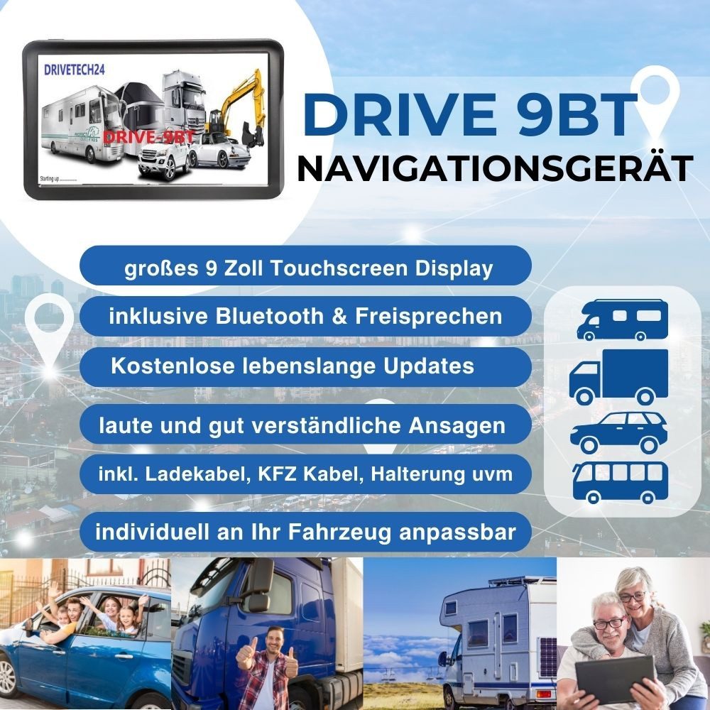 GABITECH großes 9 Zoll Navigationsgerät DRIVE 9BT mit TMC Funktion für LKW, PKW LKW-Navigationsgerät (europa, Bluetooth,kostenlose Updates, großes Display, TTS-Stimme)