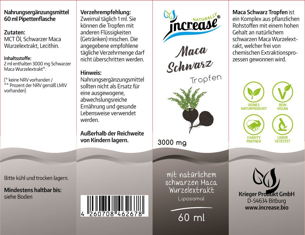 increase NATURALLY Nimm 3, zahl 2 Liposomaler Maca Schwarz 3000mg pro Tag Tropfen, 180 ml