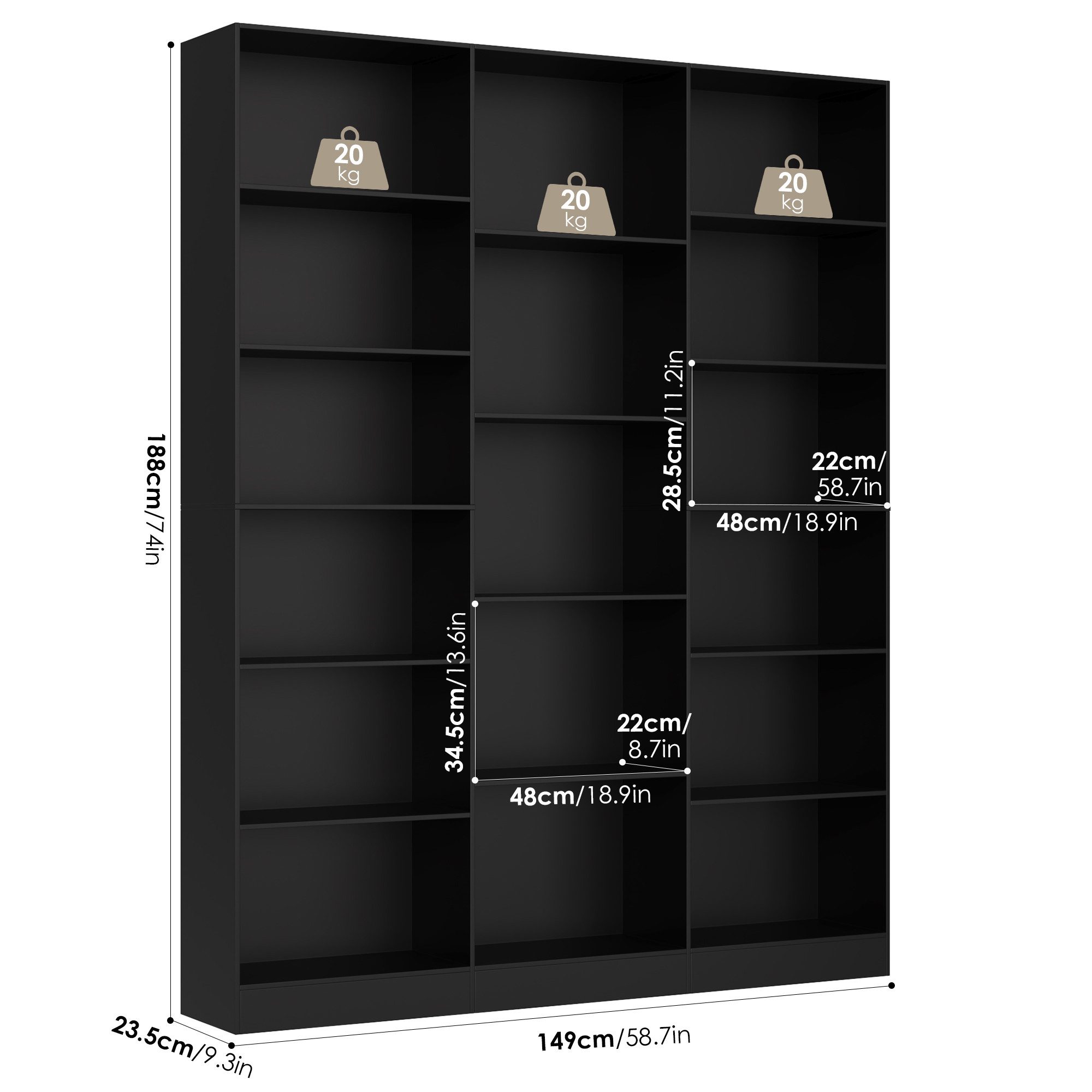 Homfa Bücherregal 188cm Standregal Büroregal Bücherschrank, mit 17 Fächern, 149x23,5x188cm – Bild 4 von 5