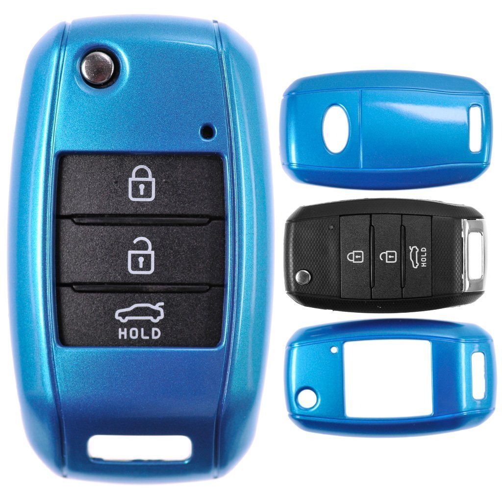 mt-key Schlüsseltasche Autoschlüssel Hardcover Schutzhülle Metallic Blau,  für KIA Sportage Rio Ceed Sorento Soul Carens Picanto Klappschlüssel