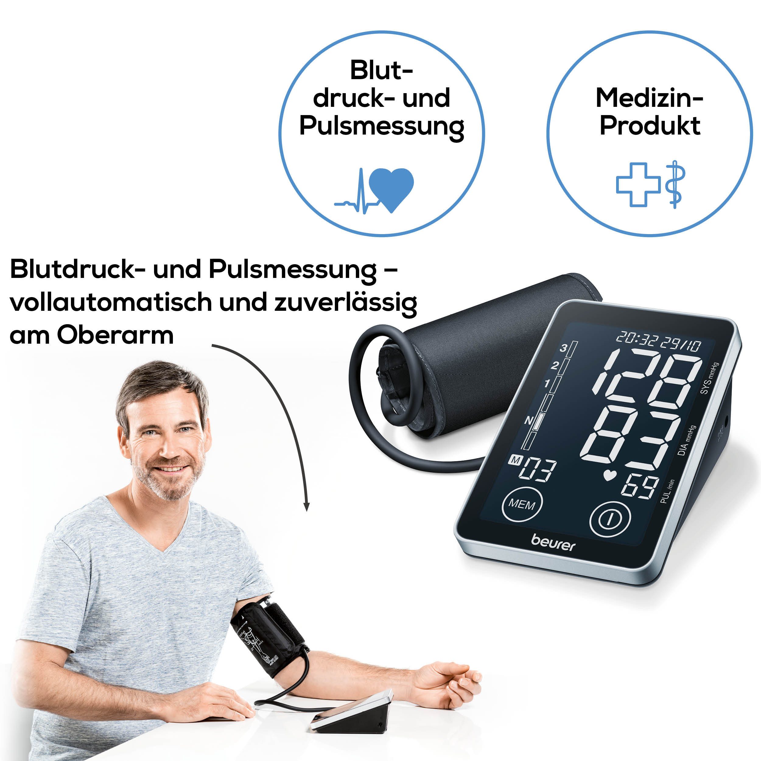 BEURER Oberarm-Blutdruckmessgerät BM 58 mit Arrhythmie-Erkennung und farbigem Risikoindikator, Inkl. Aufbewahrungstasche, Medizinprodukt, 2 Benutzerprofile