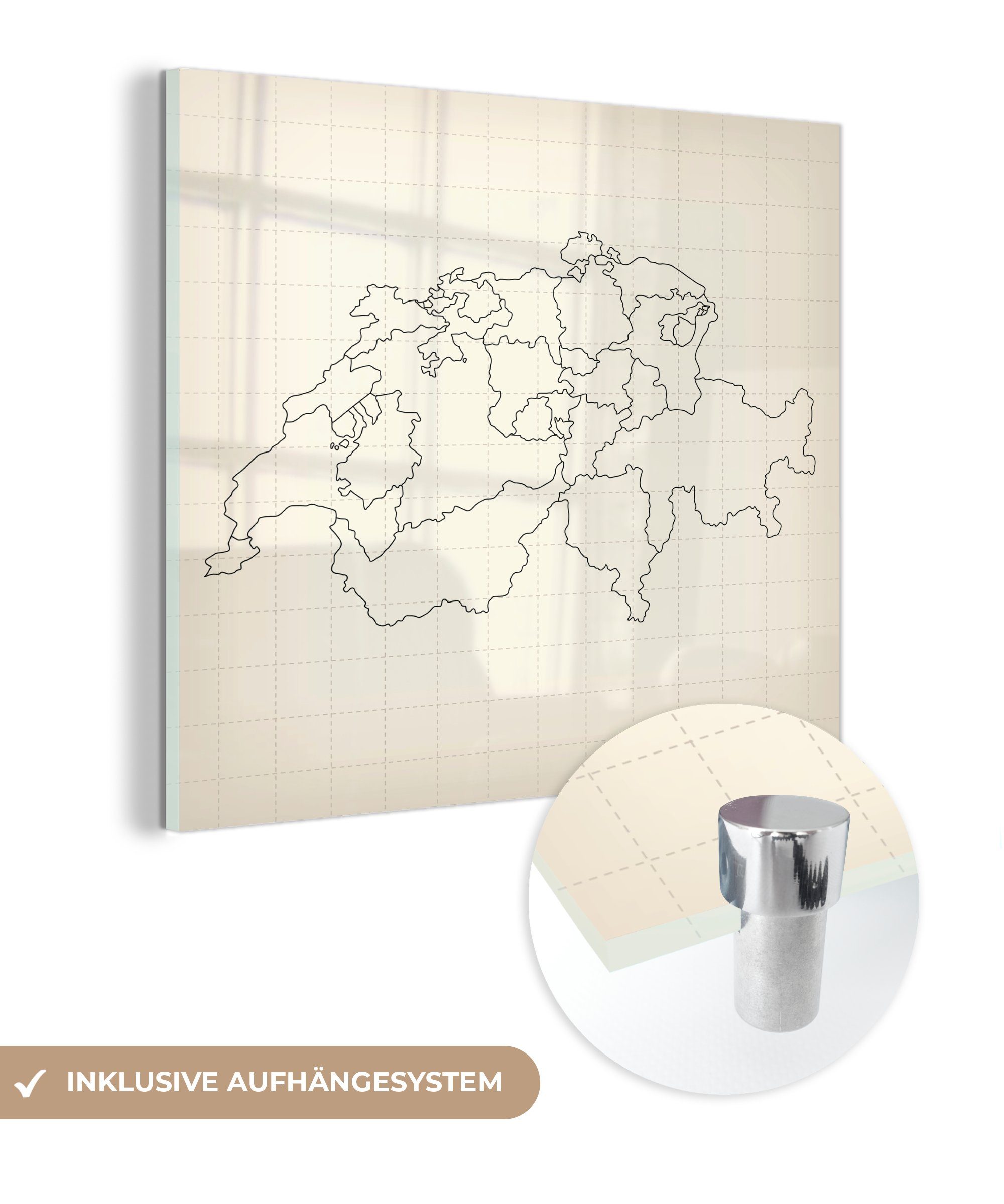 Karte Bilder auf der MuchoWow mit Wanddekoration Glasbilder auf Glas - Foto Linien Wandbild Acrylglasbild (1 einem Glas Schweiz St), - - Gitter, auf