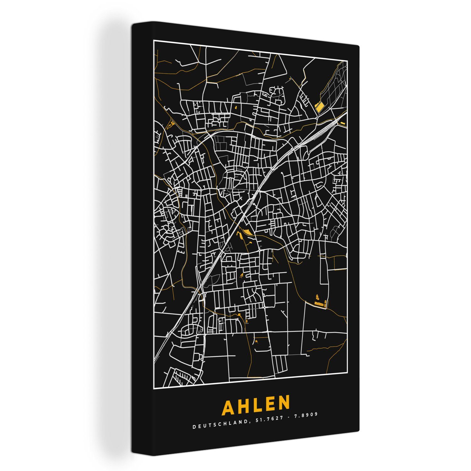 OneMillionCanvasses® Leinwandbild Deutschland - Schwarz und Gold - Ahlen - Stadtplan - Karte, (1 St), Leinwandbild fertig bespannt inkl. Zackenaufhänger, Gemälde, 20x30 cm