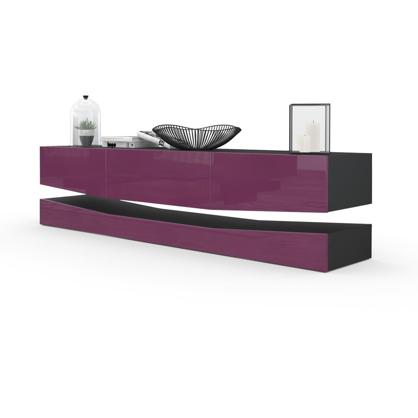 Vladon Lowboard City (TV-Kommode mit Sockelelement, 1 offenem Fach und 3 Schubkästen), Schwarz matt/Brombeer Hochglanz (178 x variabel x 39 cm)