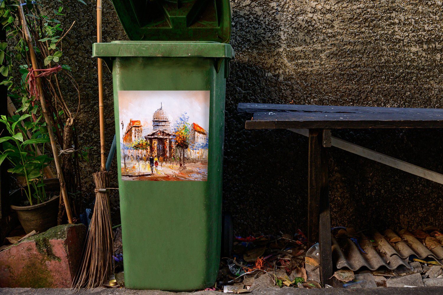 MuchoWow Wandsticker Gemälde - Stadt Öl Mülleimer-aufkleber, (1 St), Sticker, Abfalbehälter Container, Mülltonne, 