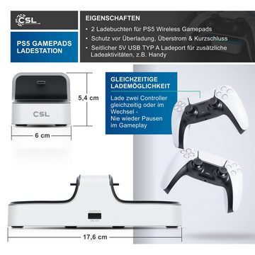 CSL Controller-Ladestation (1000 mA, für PS5, Twin Charge, Ladegerät, wireless, USB Ladekabel, LED Anzeige)