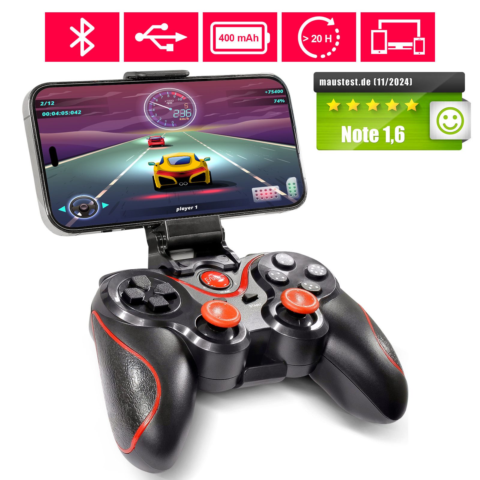 EAXUS Bluetooth Gamepad für Fire TV, Smartphone, Android, Google TV & Co. Controller (inkl. Smartphone-Halterung, Auch für Cloud Gaming, Handy & VR)
