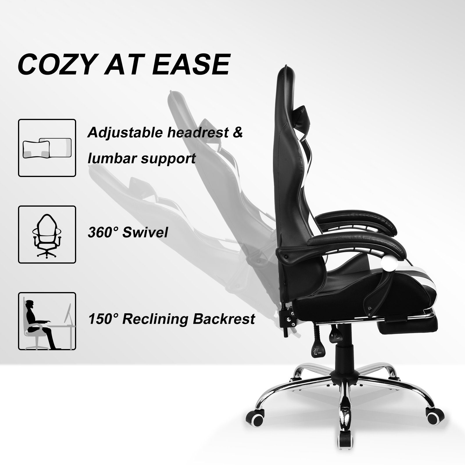 LUCKRACER Gaming-Stuhl Bürostuhl mit Fußstütze, Kopfstütze, Gaming Sessel  (Packung), Ergonomischer Gamer Stuhl, Maximale Belastung 150 kg, 360°  drehbar