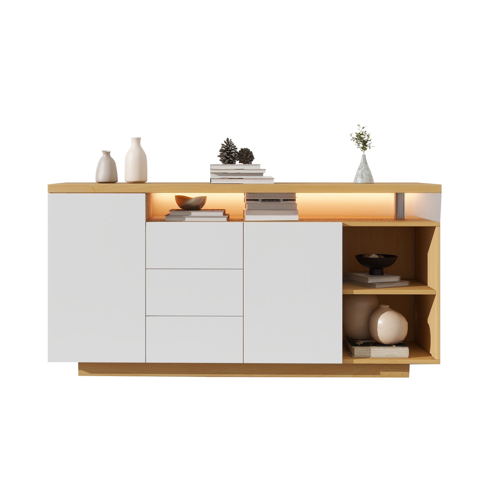 Merax Sideboard mit 3 Schubladen und 2 Türen, Kommode mit verstellbaren Einlegböden und offenen Fächer,Anrichte