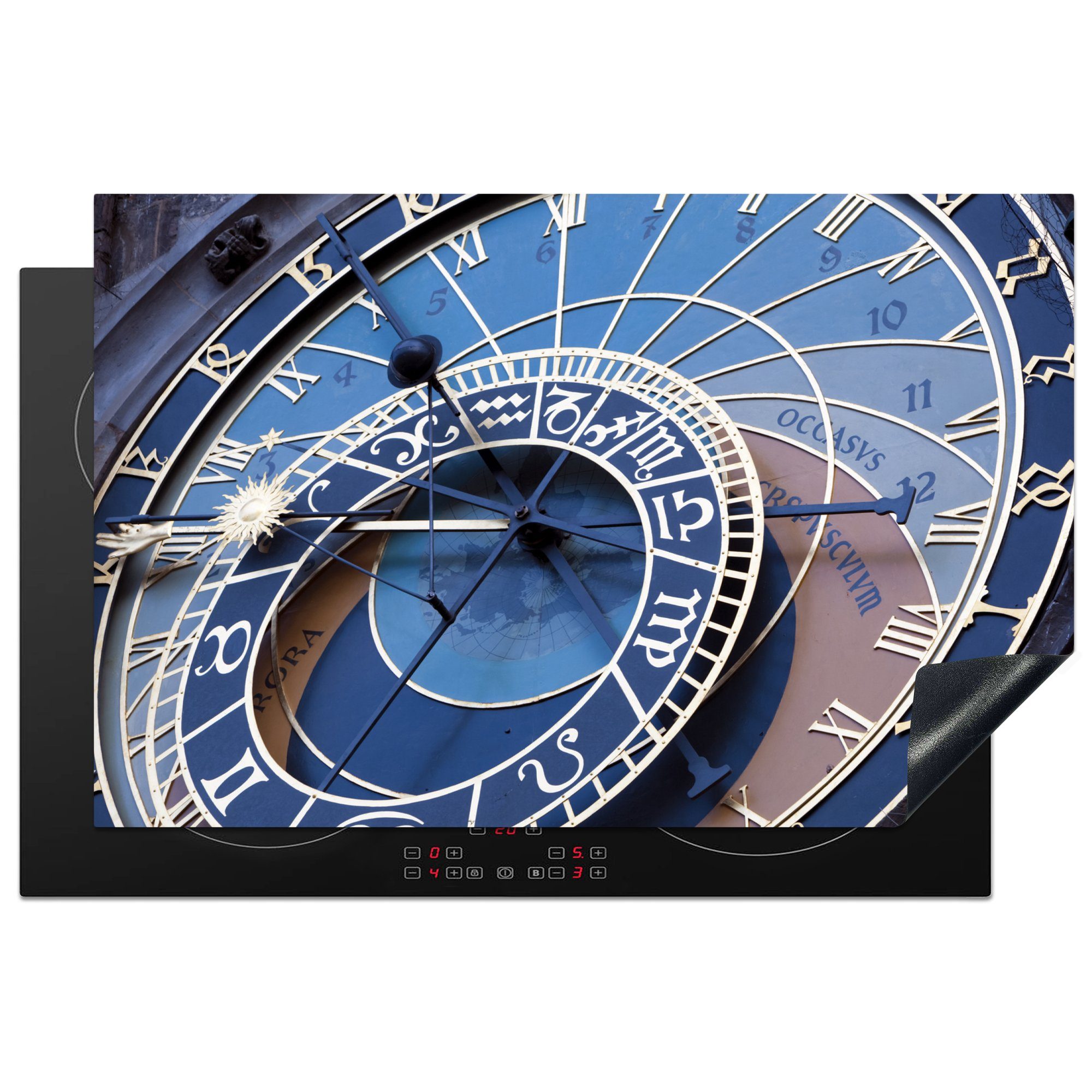 MuchoWow Herdblende-/Abdeckplatte Nahaufnahme der astronomischen Uhr am Rathaus in Prag, Vinyl, (1 tlg), 81x52 cm, Induktionskochfeld Schutz für die küche, Ceranfeldabdeckung