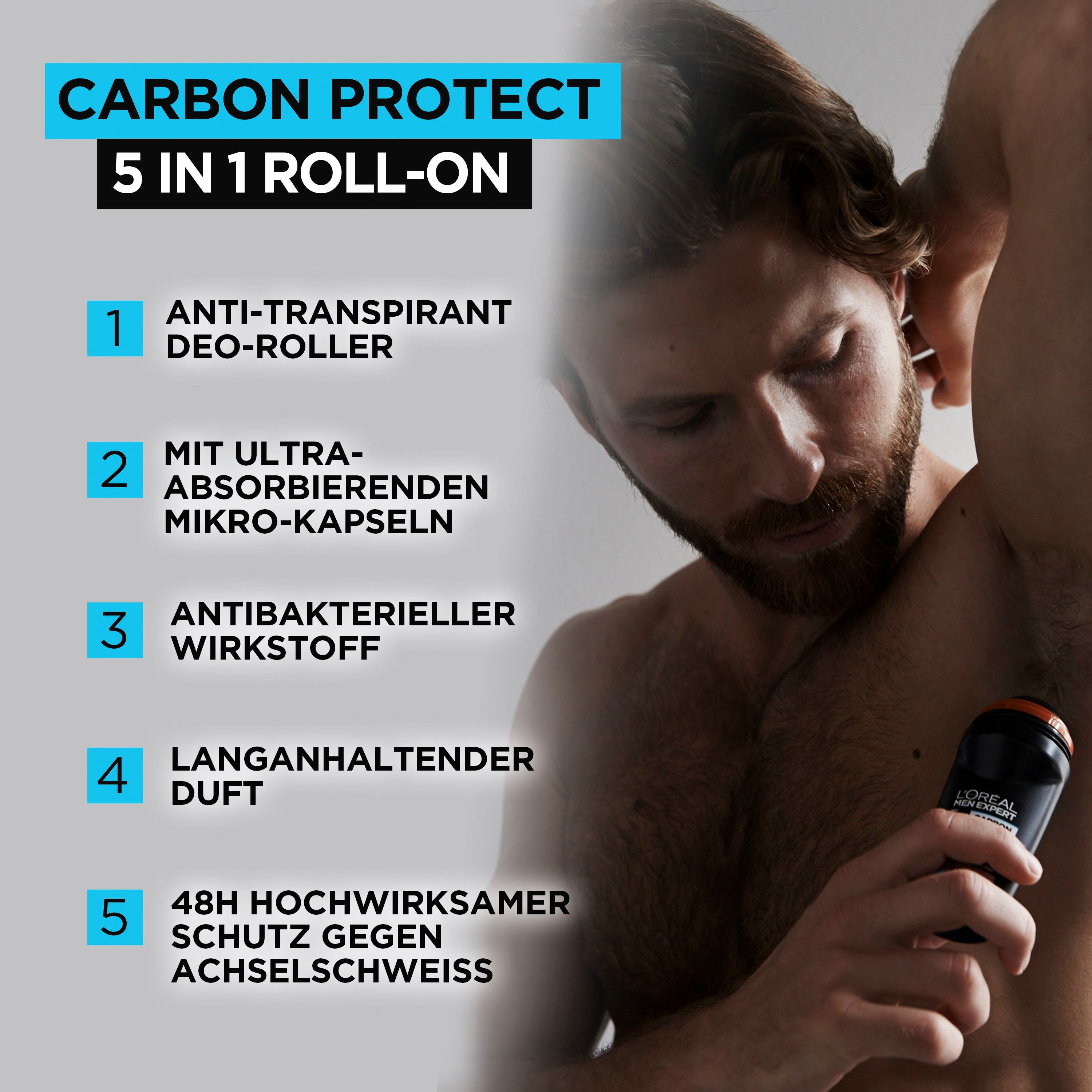 L'ORÉAL PARIS MEN EXPERT Carbon Anti-Transpirant, Deo-Roller Protect mit Trockenschutz 48H