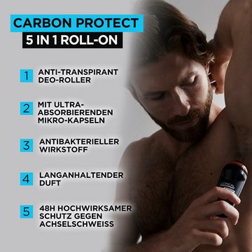 L'ORÉAL PARIS MEN EXPERT Deo-Roller Carbon Protect Anti-Transpirant, mit 48H Trockenschutz