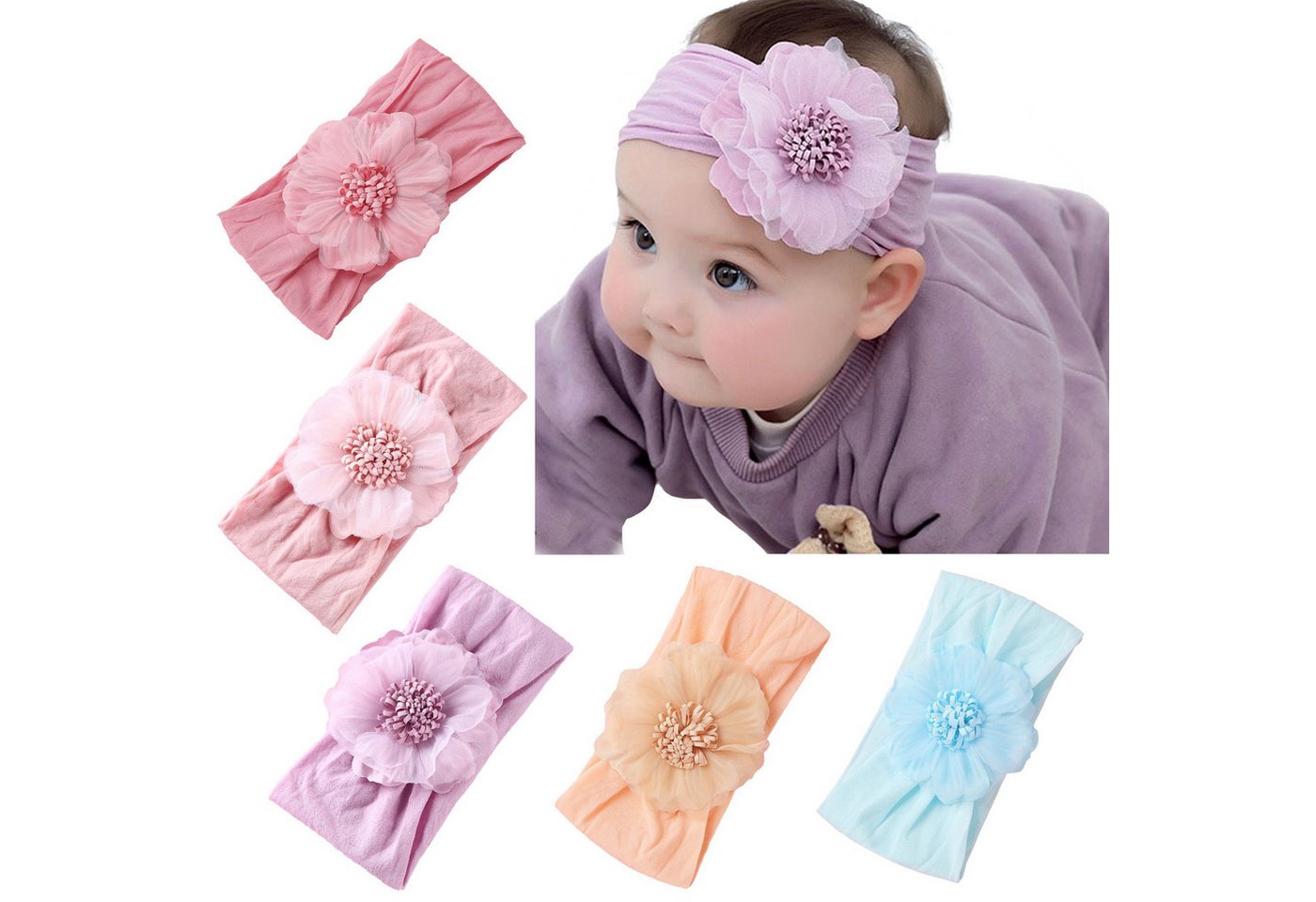 KINSI Diadem Baby Stirnbänder 5 Stück, Sonnenblumen Dekor, 17x8cm, Baby Haarschmuck (5-tlg), Kinderstirnband, Mesh-Nylon-Sonnenblume, Kinderhaarschmuck