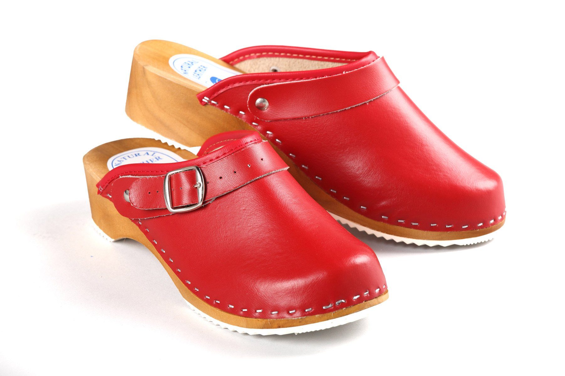 Aves-24 CLOGS Pantolette Sandalette Leder Holzschuhe Holzclogs Damen Klotschen Clog Rot 40