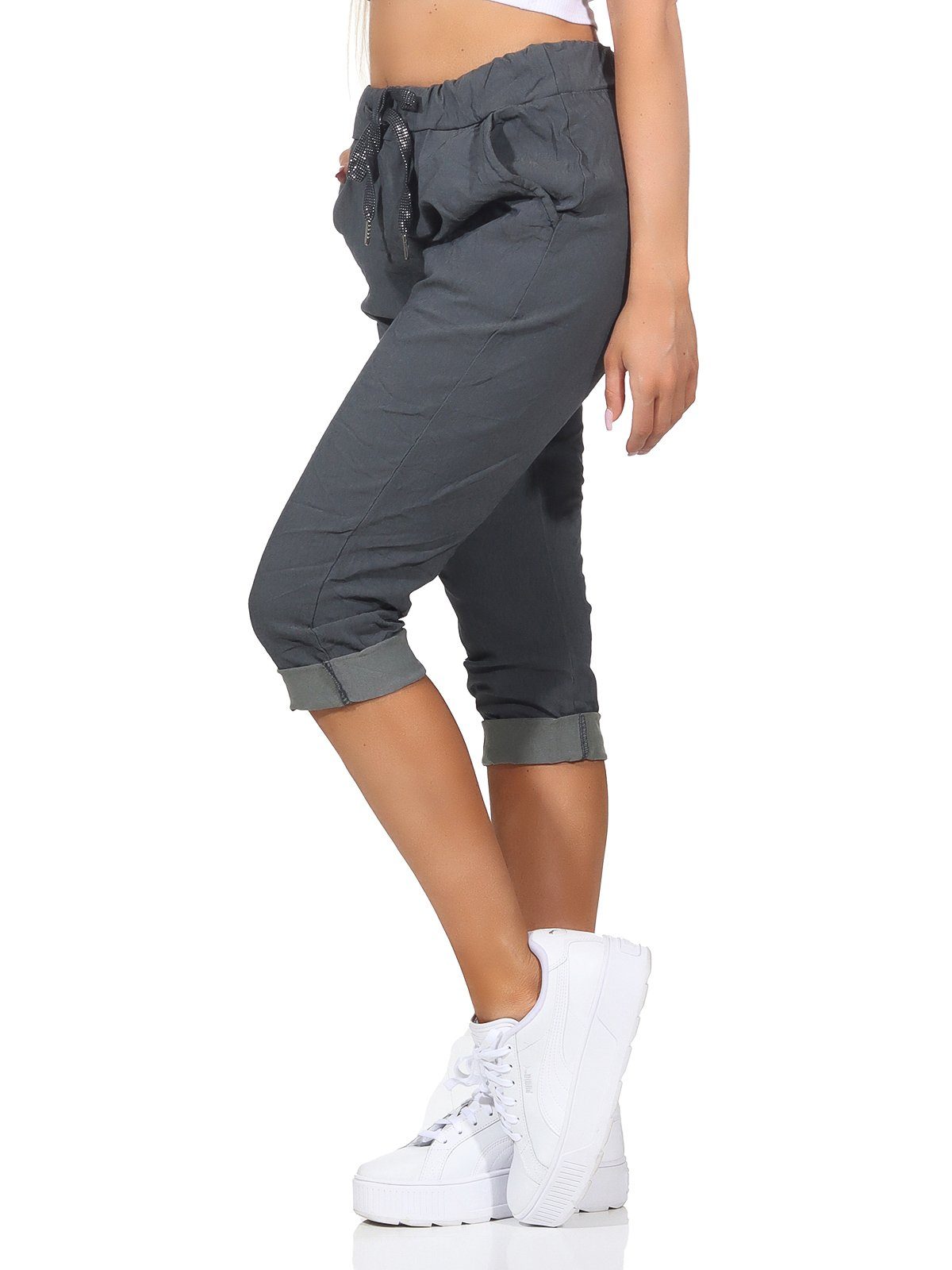 Taschen Aurela Jeans sommerlichen Hose Damen 36-44 Damenmode 7/8-Hose Anthrazit Sommerhose und Bermuda Farben, in Capri Kordelzug, Kurze