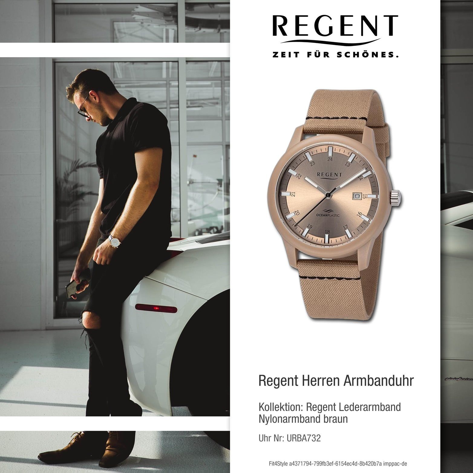 Quarzuhr Regent Herren Gehäuse, 40mm) Herrenuhr Nylonarmband Armbanduhr schwarz, Analog, (ca. groß Regent braun, rundes