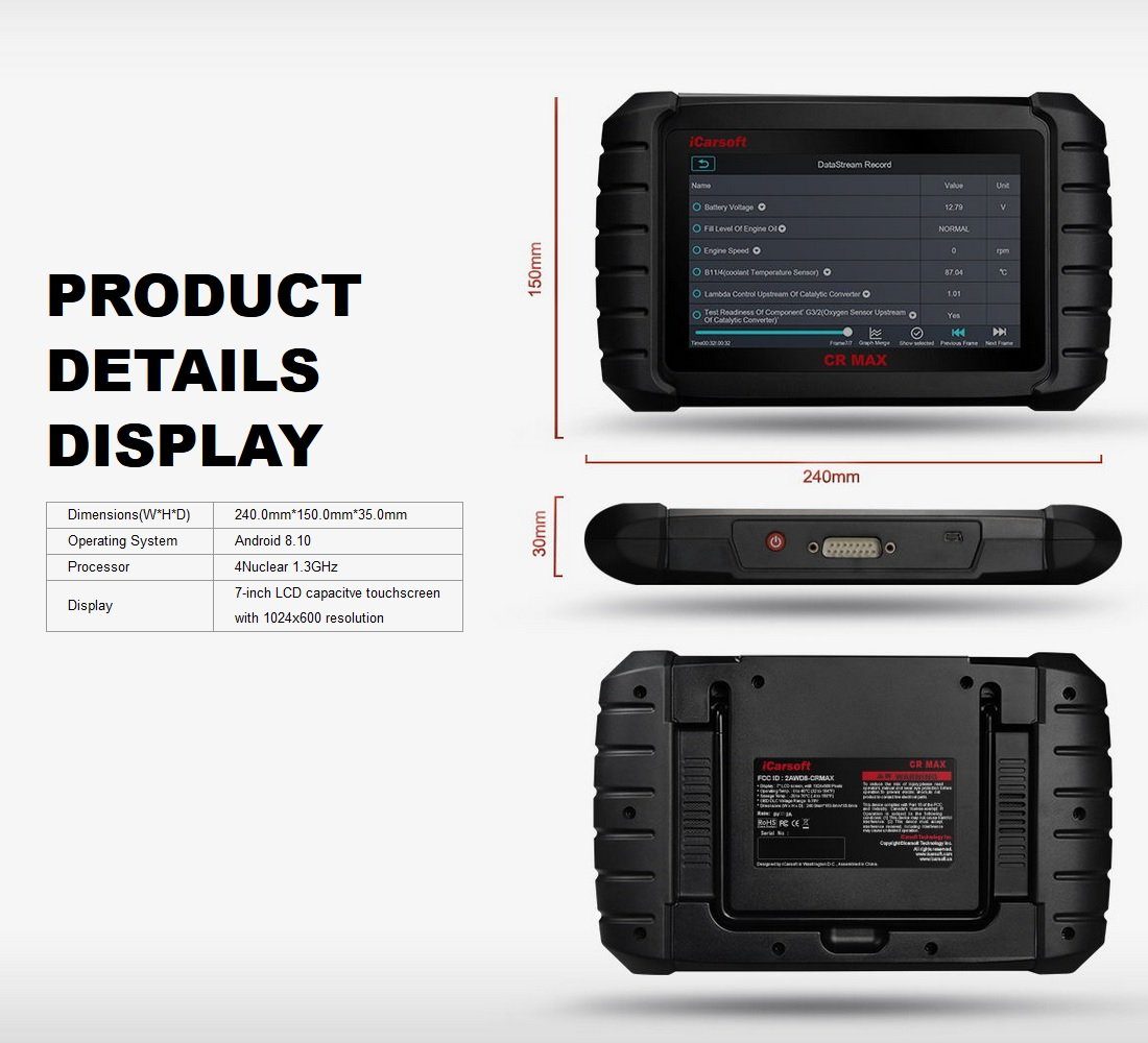 iCarsoft OBD2-Diagnosegerät CR MAX BT + Kostenlose Online Updates + Bluetooth Adapter, Android 8.1 – Bild 4 von 5